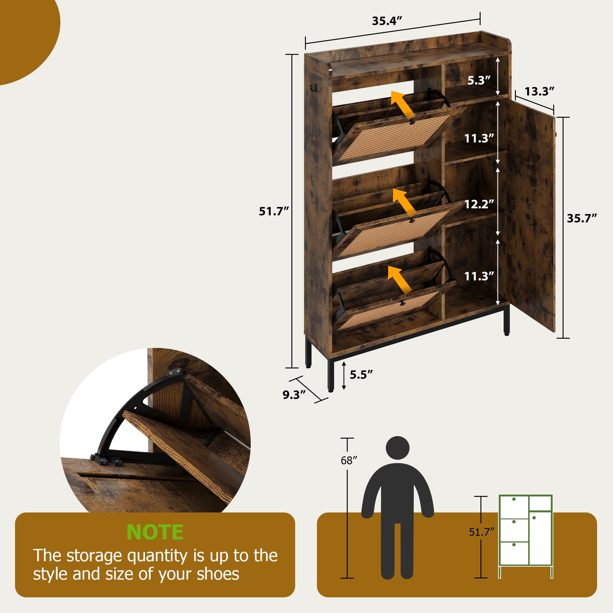 **3-Tier Rattan Shoe Storage Cabinet with Flip Drawers - Freestanding Entryway Organizer, Adjustable Shelves for Hallway & Closet - Easy Assembly, Brown - Perfect for Small Spaces & Shoe Organization**
