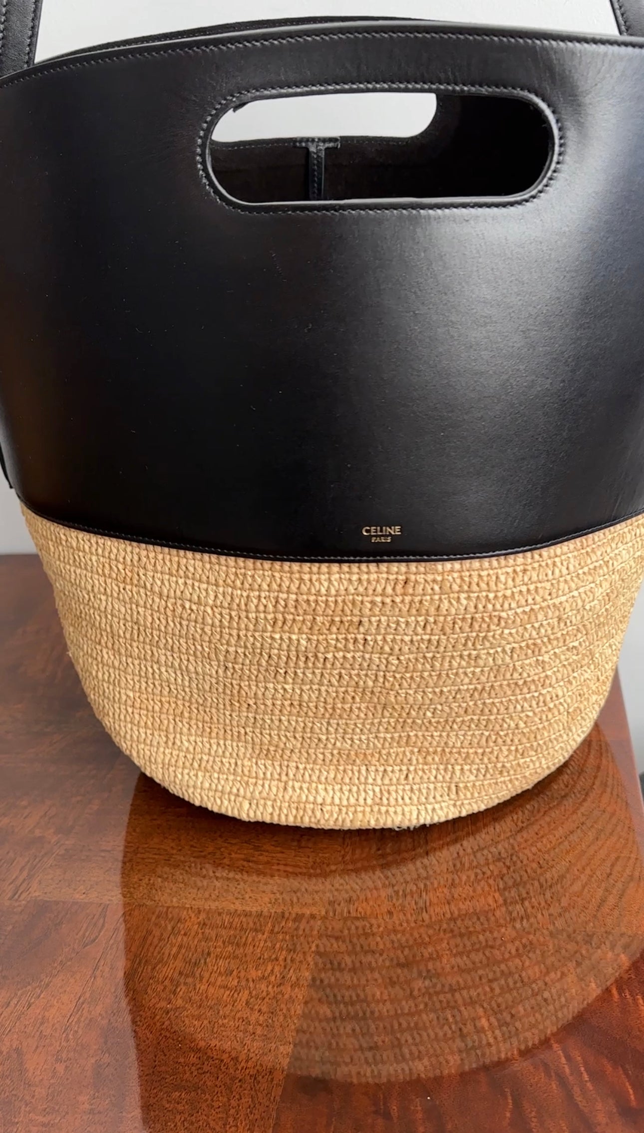 Celine Raffia and Black Leather Basket Bag with Adjustable Strap - Stylish Crossbody Tote for Women, Perfect for Beach, Shopping, and Everyday Use