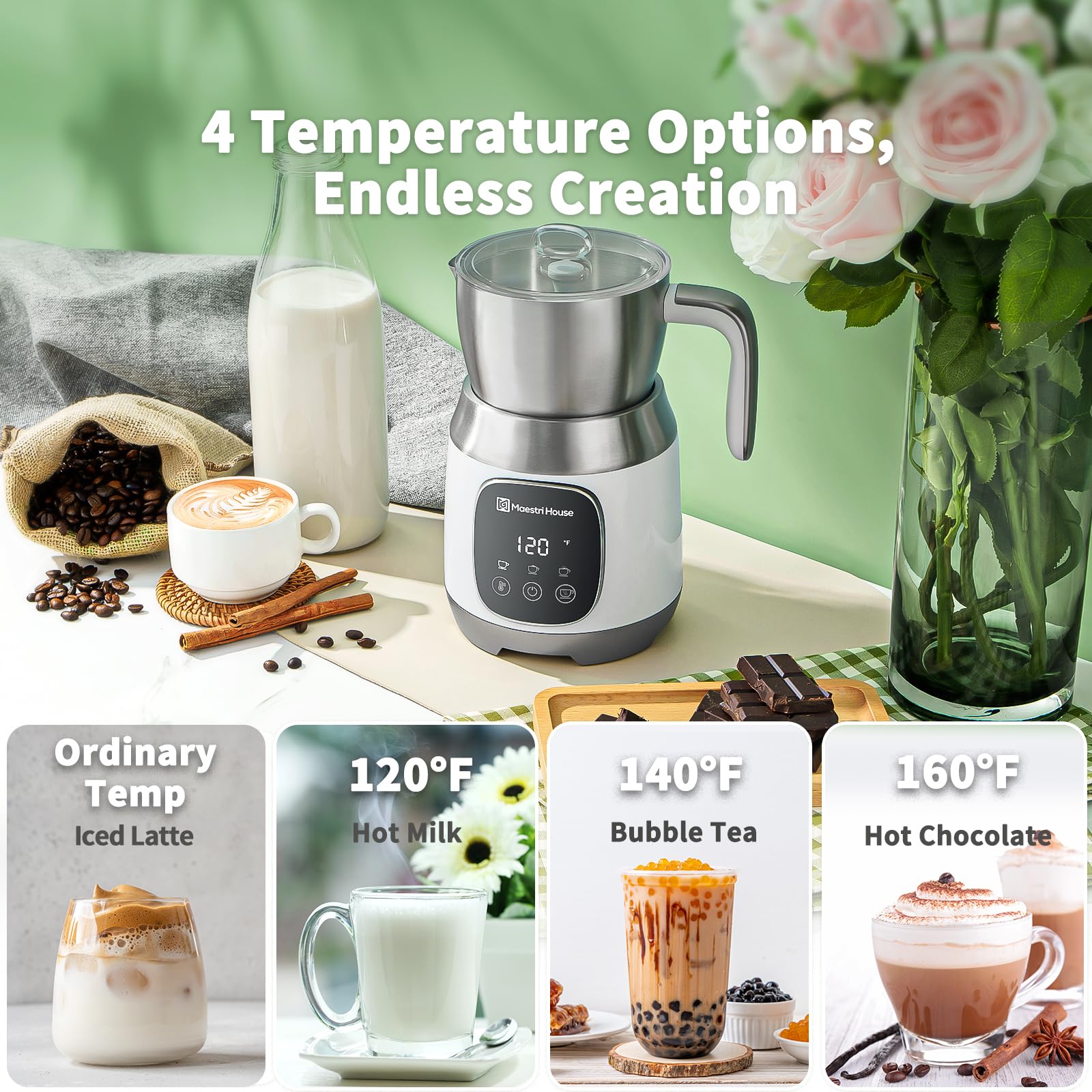Maestri House 21OZ Smart Milk Frother and Steamer - Variable Temperature & Froth Thickness, Touch Control Milk Warmer with Memory Function for Latte, Cappuccino, Hot Chocolate - Dishwasher Safe - Perfect for Home Coffee Bars, Breakfast Nooks, and Office Break Rooms