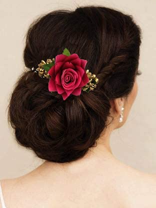 Pranavi Collection Red Rose Flower Hair Clips for Women & Girls - Pack of 1 | Hair Pins, Bun Maker & Hair Accessories for Parties, Weddings & Everyday Wear