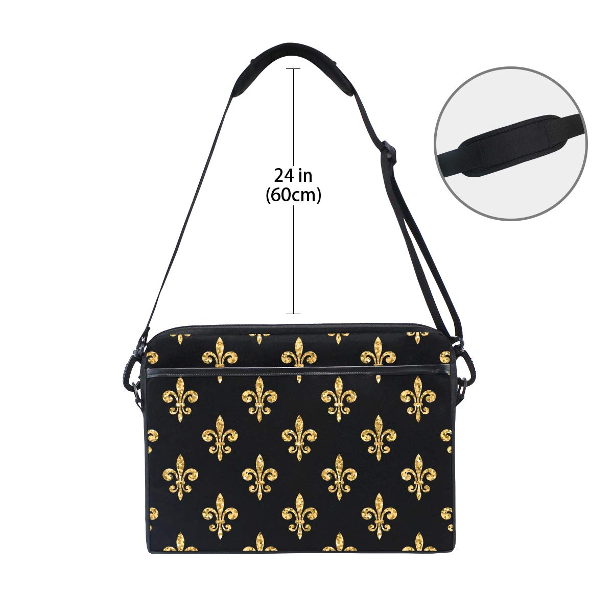 Golden Fleur-De-Lis Floral Black Laptop Shoulder Bag - Stylish Briefcase Computer Bag with Adjustable Strap Fits 13-14 Inch Laptops - Perfect for Work, School & Travel