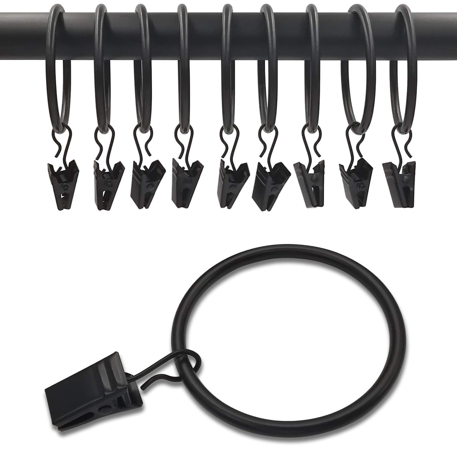 40 Pack Black Curtain Rings with Clips - Heavy Duty Drapery Hooks for Hanging Drapes, Bows & Hats - 1.77 Inch Inner Diameter Fits 1.5 Inch Rods - Perfect for Living Room, Bedroom & Window Decor