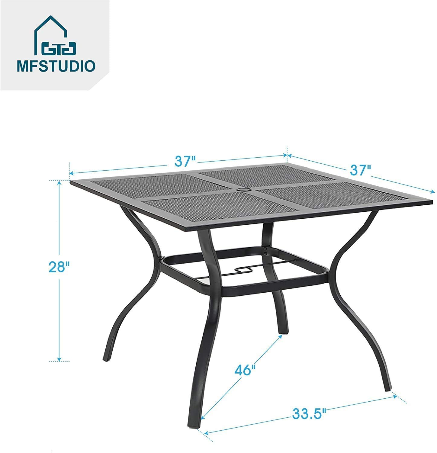 MFSTUDIO 37x37 Inch Square Outdoor Patio Dining Table with Umbrella Hole - Powder-Coated Steel Frame, Weather-Resistant Garden Bistro Table for Deck, Backyard & Poolside (Black) | Perfect for Outdoor Entertaining & Relaxation