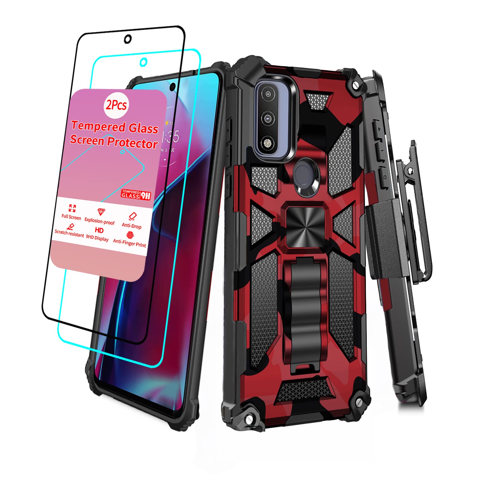 Military Grade Heavy Duty Camo Case for Moto G Power 2022 - Shockproof Phone Cover with Built-in Kickstand, Screen Protector & Belt Clip | Perfect for Outdoor, Work & Daily Use (Red Camo)