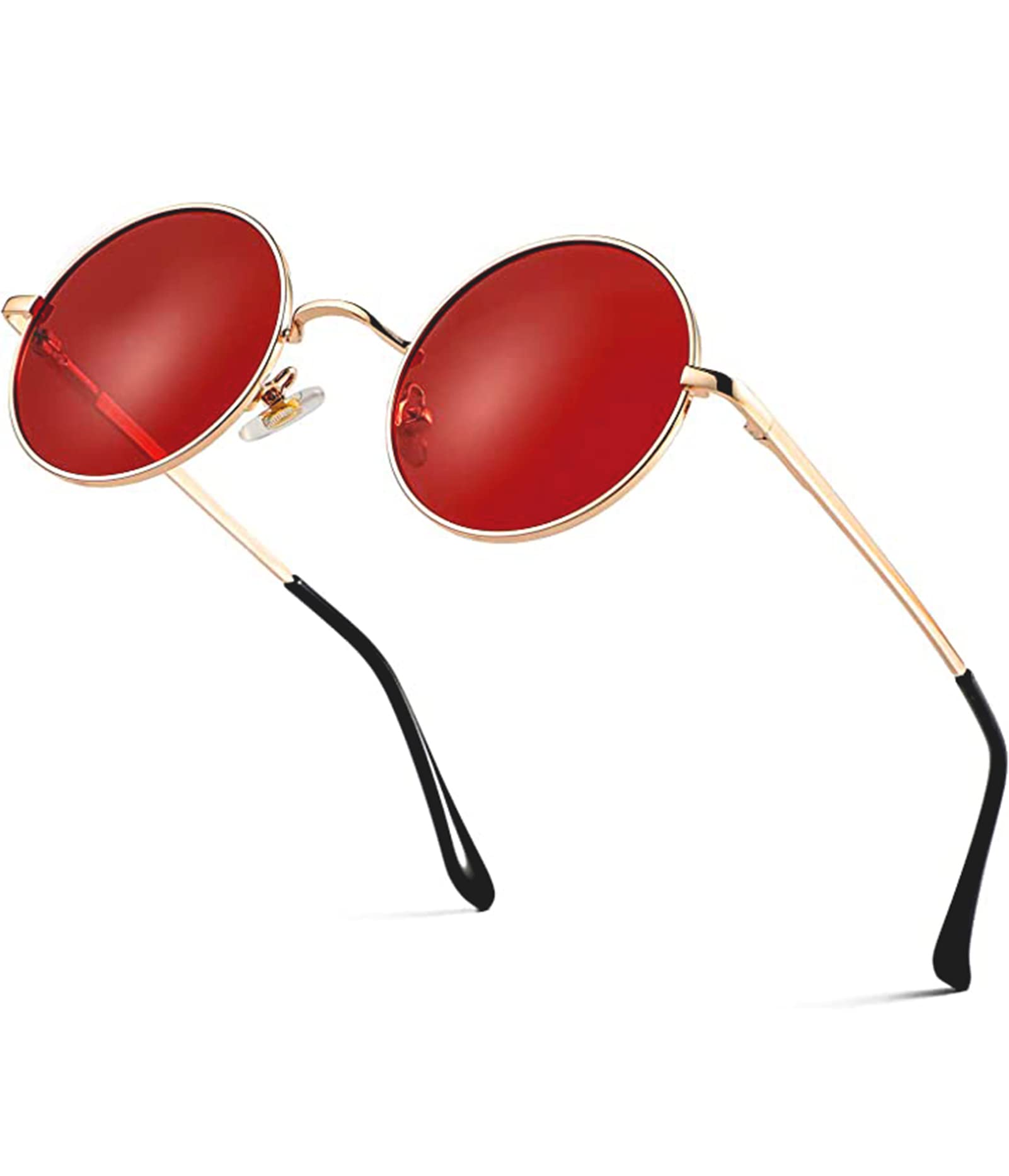 Vintage Round Polarized Sunglasses for Women & Men - Red Lens Retro Hippie Style Small Circle Glasses | Perfect for Beach, Music Festivals & Outdoor Activities