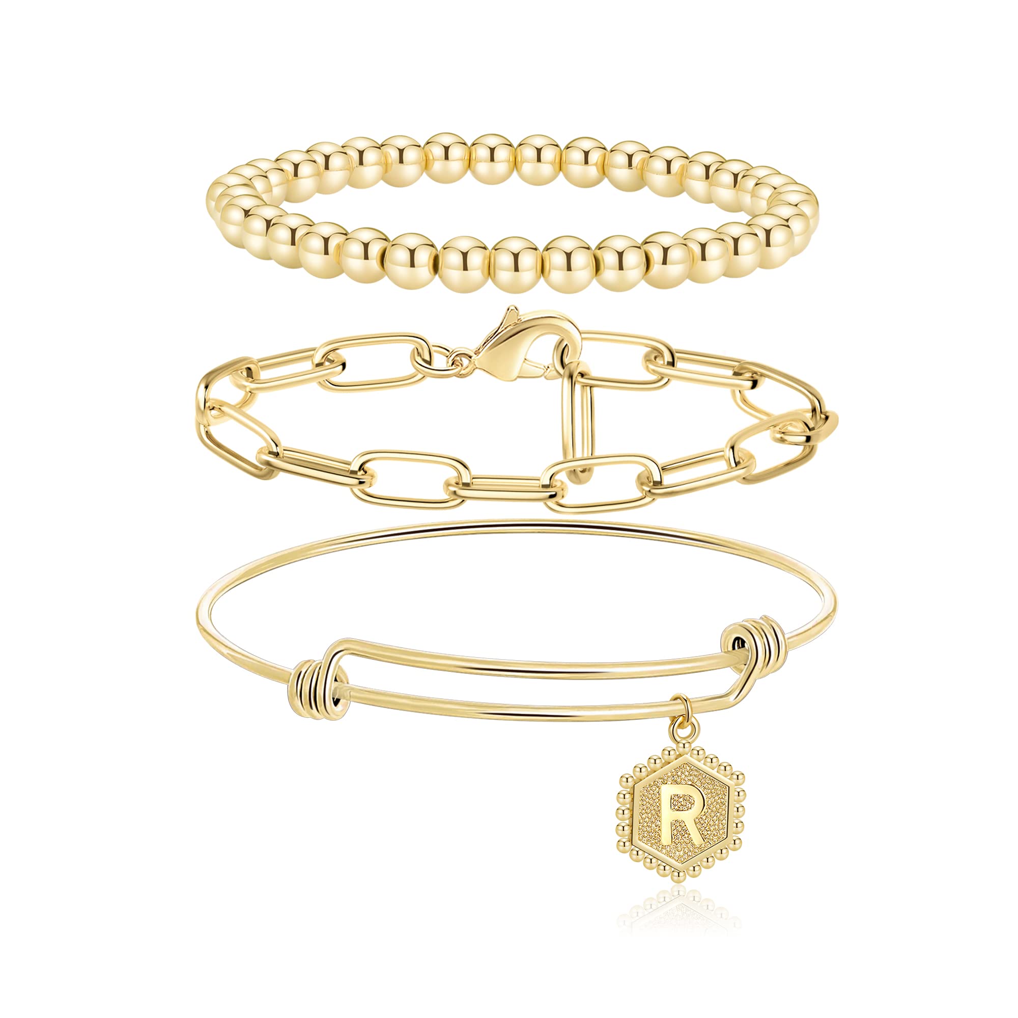 Shownee Adjustable Gold Bangle Bracelet for Women - 14k Gold Plated Initial Charm Bracelet with Paper Clip Link, Personalized Letter Gift for Girls, Sister (Perfect for Birthday, Anniversary & Everyday Wear)
