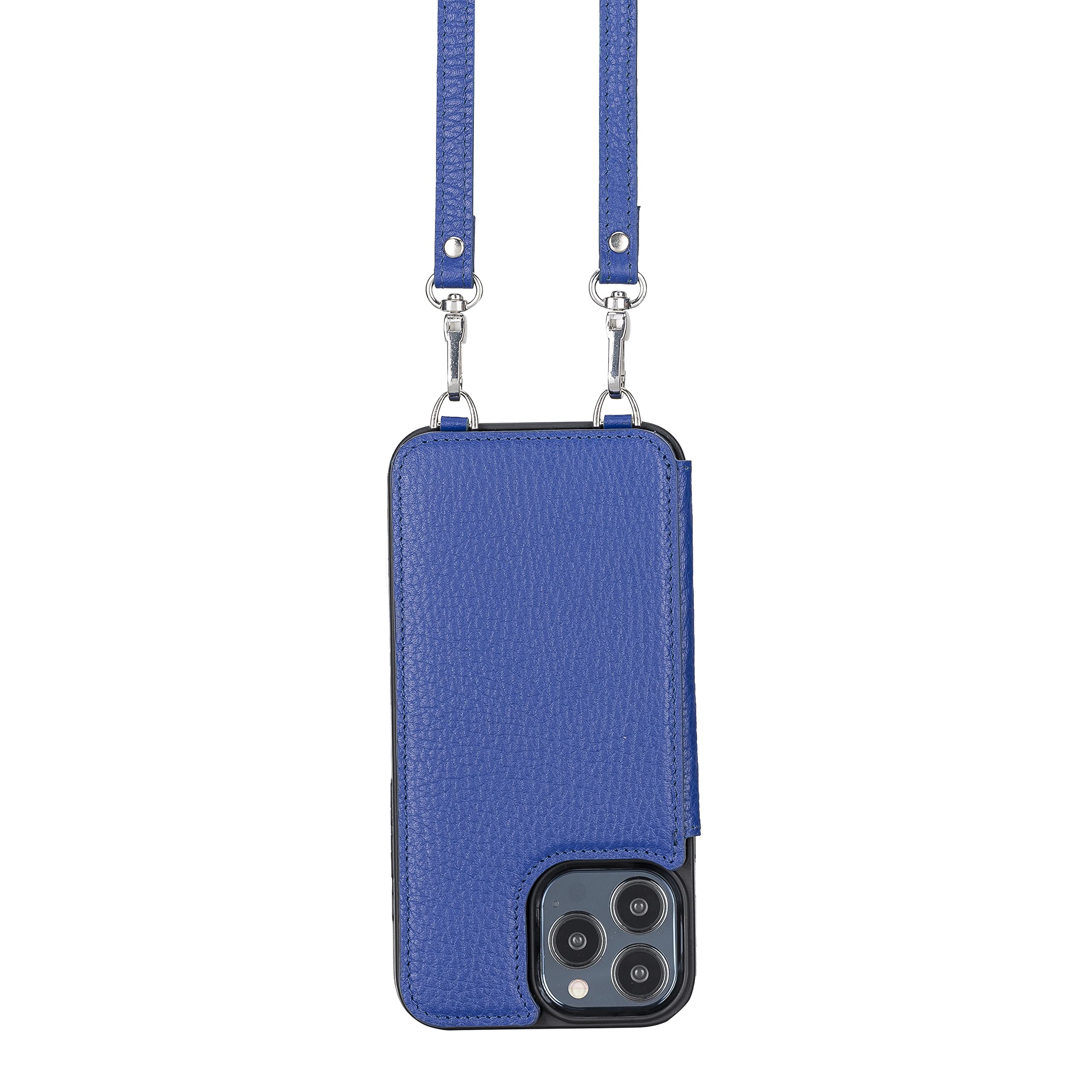 Bayelon Premium Full Grain Leather Crossbody Phone Case for iPhone 13 Pro Max - Wallet Card Holder with Adjustable Shoulder Strap (Royal Blue) | Perfect for Travel, Shopping & Hands-Free Convenience