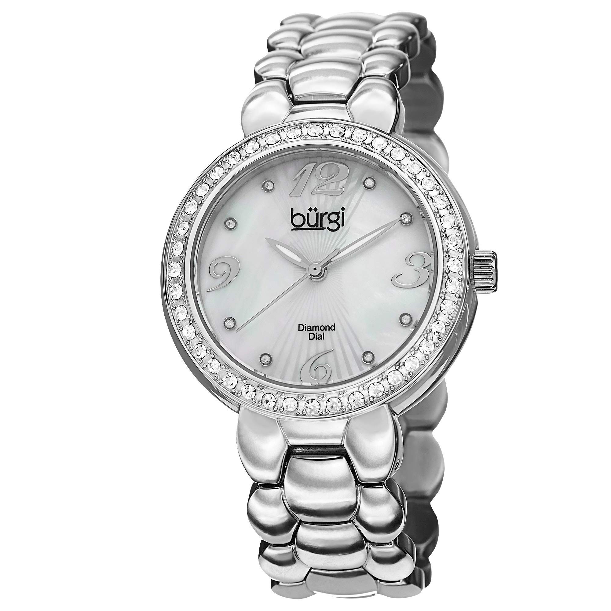 Burgi Women's Crystal Studded Watch - Stainless Steel with Mother-of-Pearl Dial & Diamond Hour Markers - Elegant Dress Watch for Parties, Weddings & Special Occasions