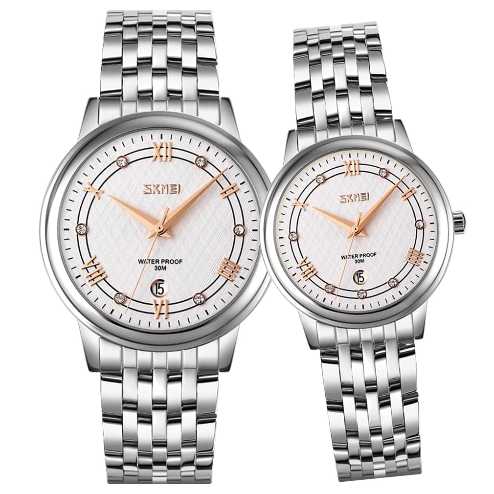 His and Hers Matching Couple Watches - Luxury Stainless Steel Waterproof Analog Quartz Wristwatch Set for Men & Women - Perfect Valentine's Day, Wedding Anniversary Gifts - Ideal for Business, Date Night & Special Occasions