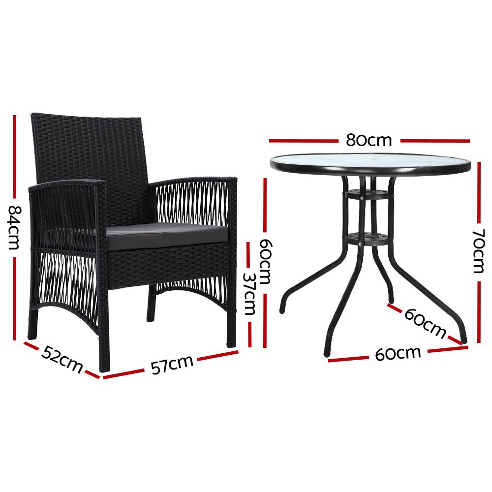 3-Piece Bistro Set Outdoor Patio Furniture - Rattan Table & Chairs with Cushions for Garden, Balcony, Backyard Dining & Relaxation
