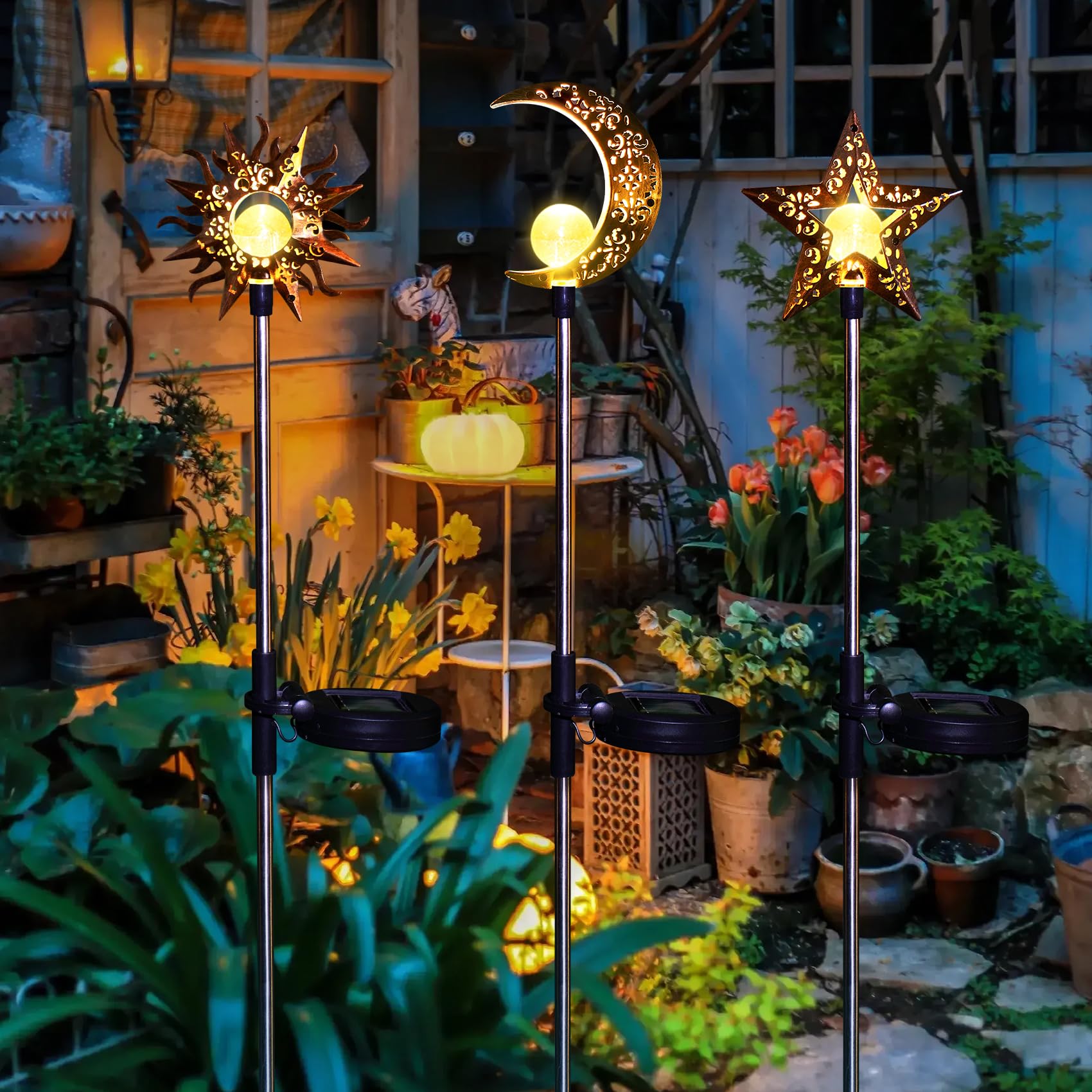 Solar Lights Outdoor Garden Decorations - Waterproof Warm White LED Stake Lights for Pathway, Lawn, Patio & Backyard | Sun Moon Star Design | Perfect for Courtyard, Yard & Landscape Lighting at Night