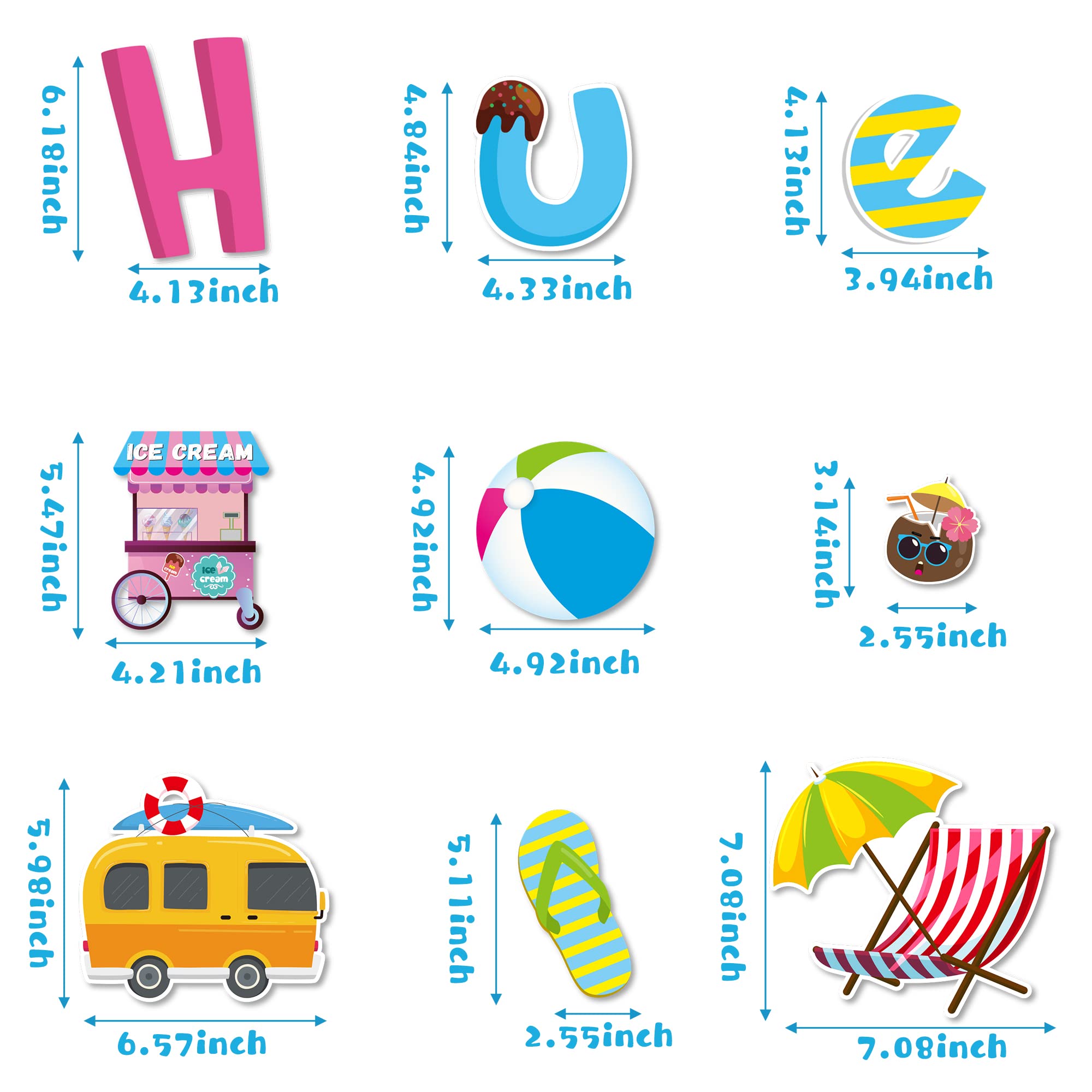 BeYumi 68Pcs Summer Bulletin Board Decorations Set - Tropical Beach Theme with Hawaiian, Ice Cream & Watermelon Cutouts - DIY Cardstock Paper Cutouts for Classroom, School & Kindergarten - Perfect for Summer Parties, Back to School Decor & Seasonal Bulletin Boards