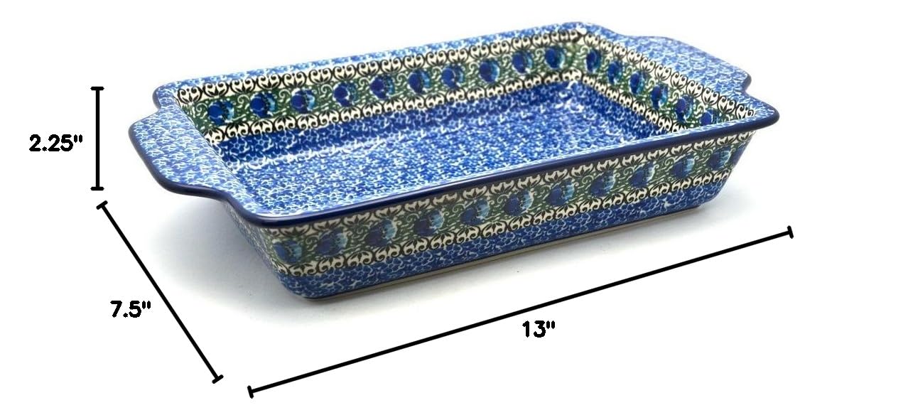 Polish Pottery Rectangular Baker with Tab Handles - 7 Cup Capacity - Peacock Feather Design - Perfect for Casseroles, Lasagna & Holiday Baking