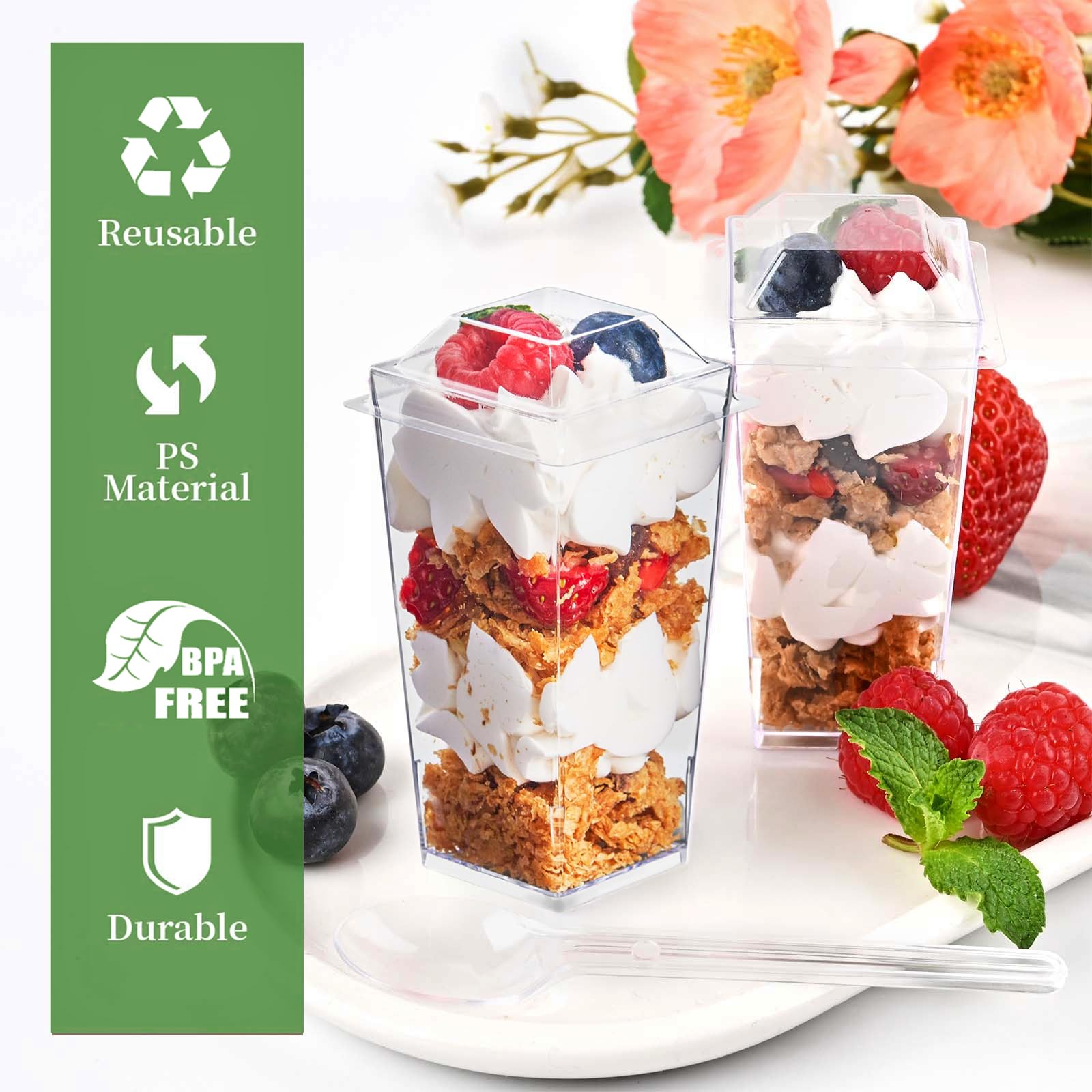 TOFLEN 50 Pack 3 oz Clear Plastic Square Mini Dessert Cups with Lids & Spoons - Perfect for Party, Yogurt, Parfait, Cheesecake, Pudding, Jello & Appetizers | Great for Catering, Wedding Favors, Baby Showers & Dessert Bars