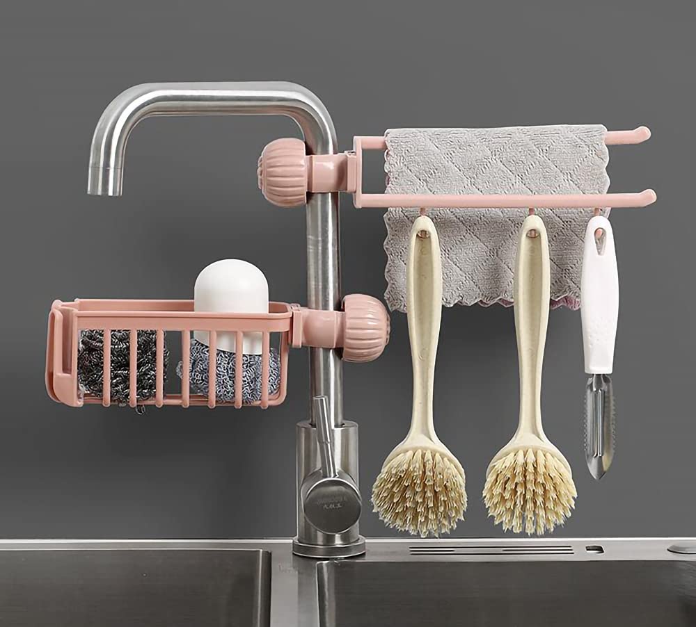 Premium Faucet Rack Holder - Space Saving Kitchen Sink Organizer & Bathroom Storage Rack Set with Towel Hanger (Pink) - Perfect for Small Spaces, Apartments, and Clutter-Free Countertops