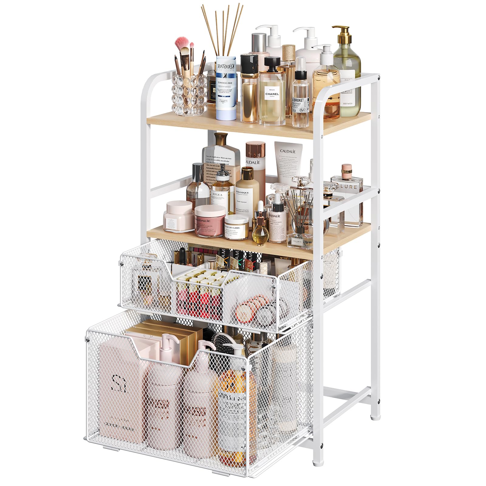White Freestanding Bathroom Floor Storage Shelf with Drawer - Towel Rack & Makeup Organizer for Skincare, Bedroom, Living Room & Laundry - Perfect for Small Space Organization & Bathroom Decor
