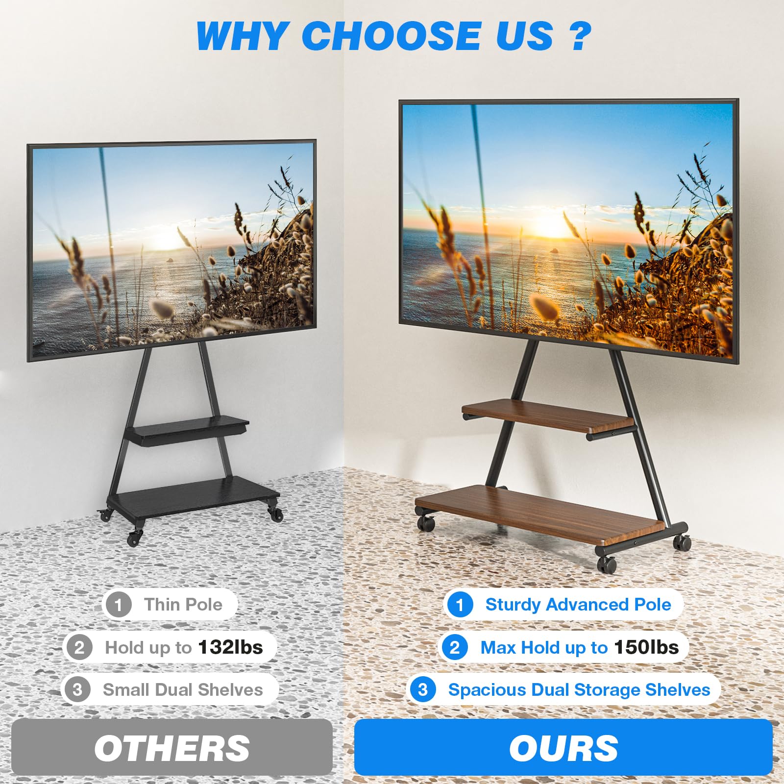 Heavy Duty Rolling TV Stand for 43-80 Inch TVs up to 150lbs - Mobile TV Cart with Wheels, Dual Storage Shelves & Tilt/Swivel Adjustment - Perfect for Living Room, Bedroom, Outdoor & Commercial Use
