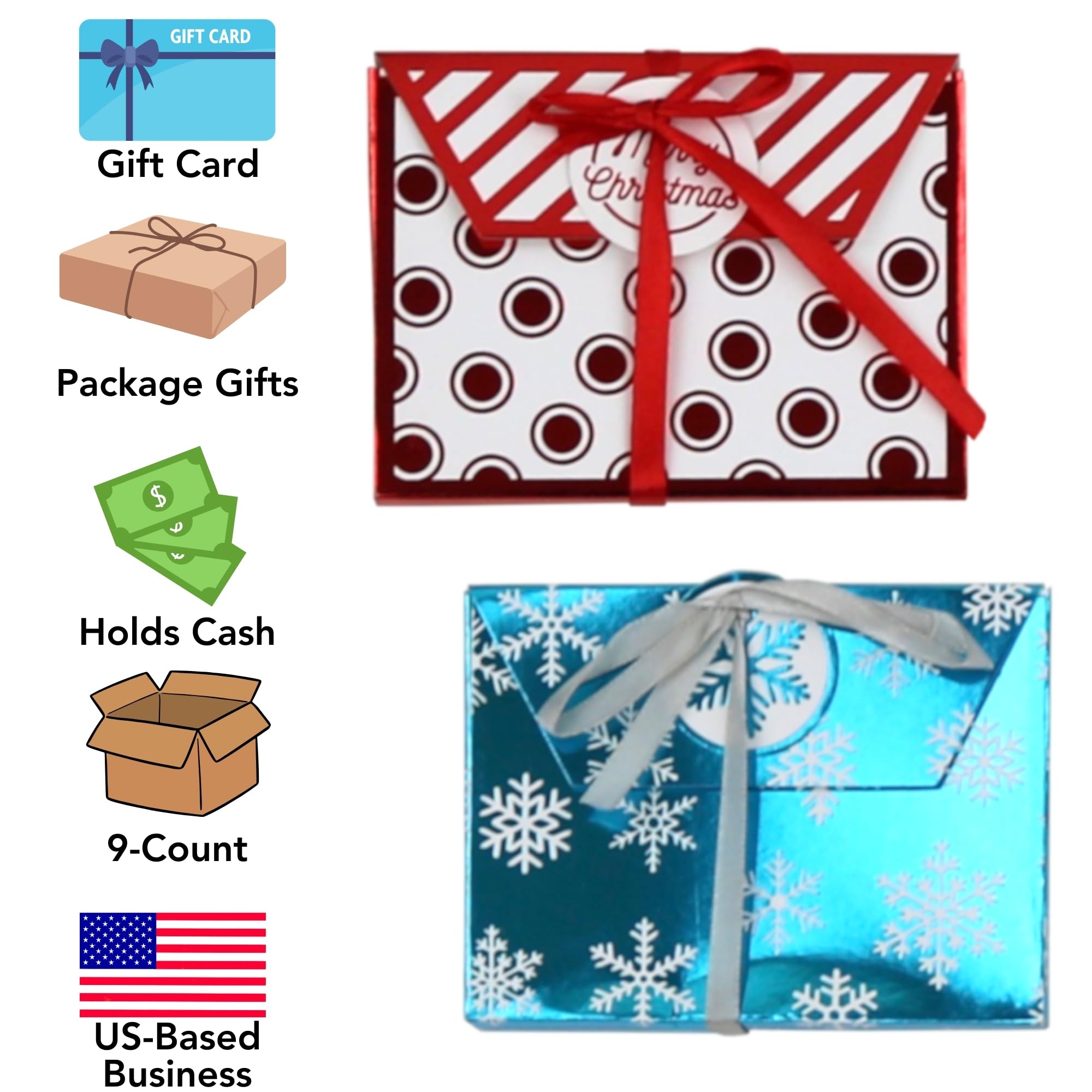 Premium Christmas Gift Card Holder Boxes - Set of 9 Foil Embossed Holiday Card Holders with Ribbon for Christmas Gifts, Party Favors & Stocking Stuffers