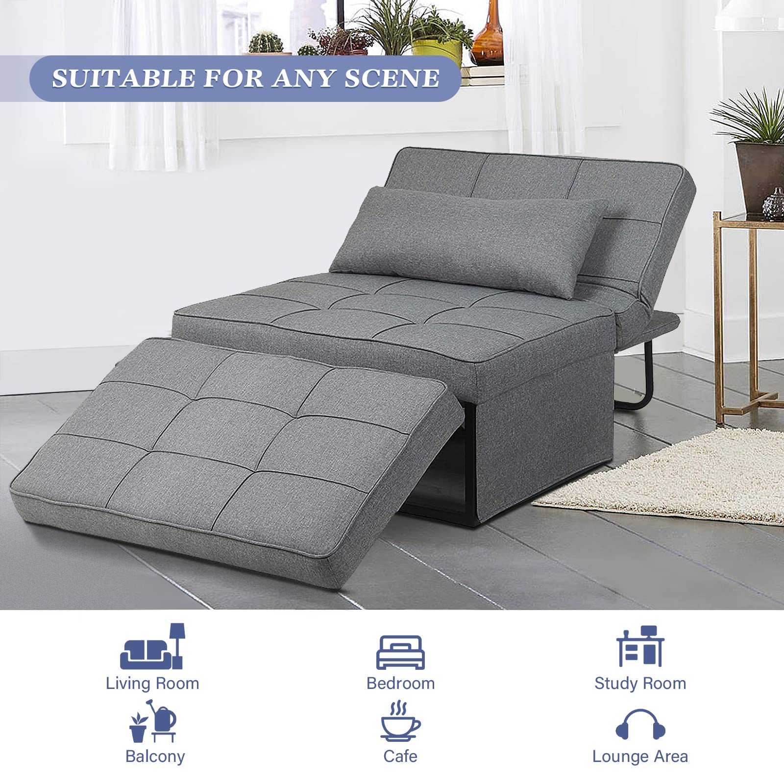 Saemoza 4-in-1 Convertible Sofa Bed - Multi-Functional Folding Ottoman Sleeper with Adjustable Backrest, Modern Space-Saving Furniture for Living Room, Small Apartment, Guest Room & Home Office - Light Gray