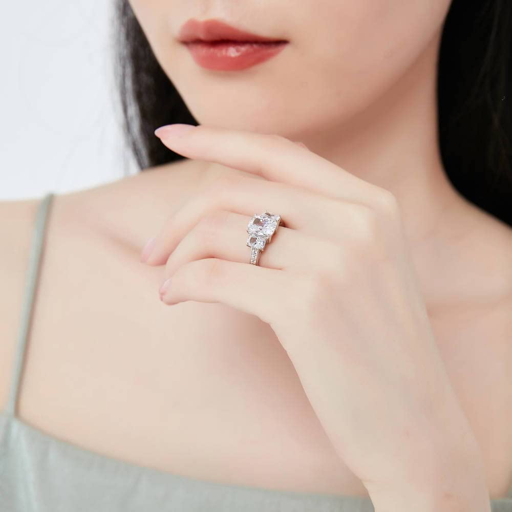 BERRICLE Sterling Silver 3-Stone Wedding & Engagement Ring Set for Women - 2.6 Carat Cushion Cut Cubic Zirconia CZ, Rhodium Plated, Size 4-10 - Perfect for Proposals, Anniversaries & Special Occasions