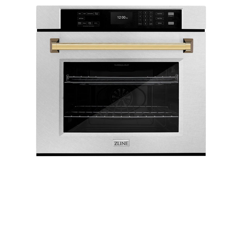 ZLINE 30 Inch Professional True Convection Single Wall Oven with Air Fry & Self-Clean - Satin Stainless Steel with Polished Gold Handle (WASSZ 30 G) | Perfect for Home Chefs & Modern Kitchens