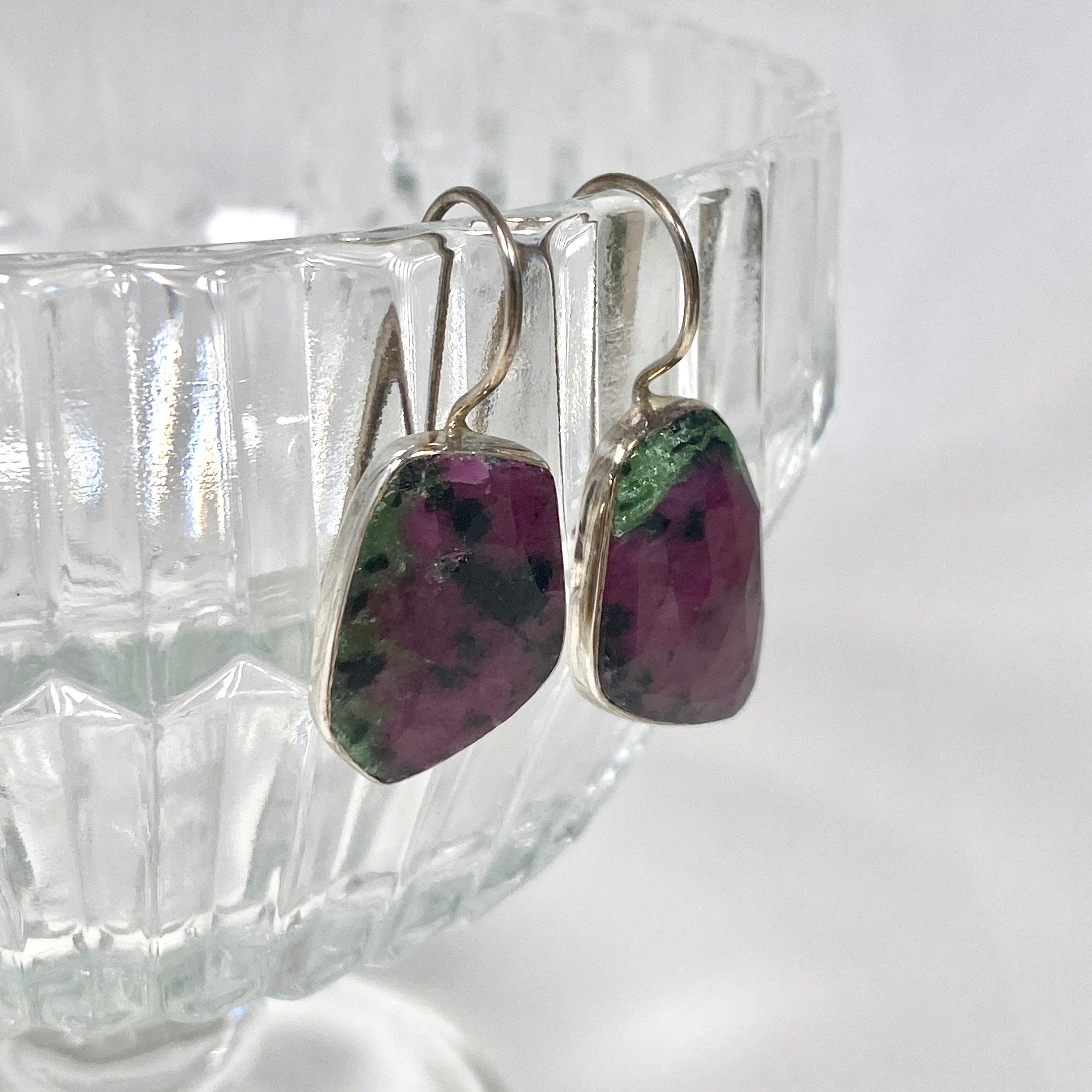 Ruby in Zoisite Faceted Freeform Hook Earrings KEGJ1119 – Elegant Handmade Jewelry for Women, Perfect for Parties, Weddings & Special Occasions