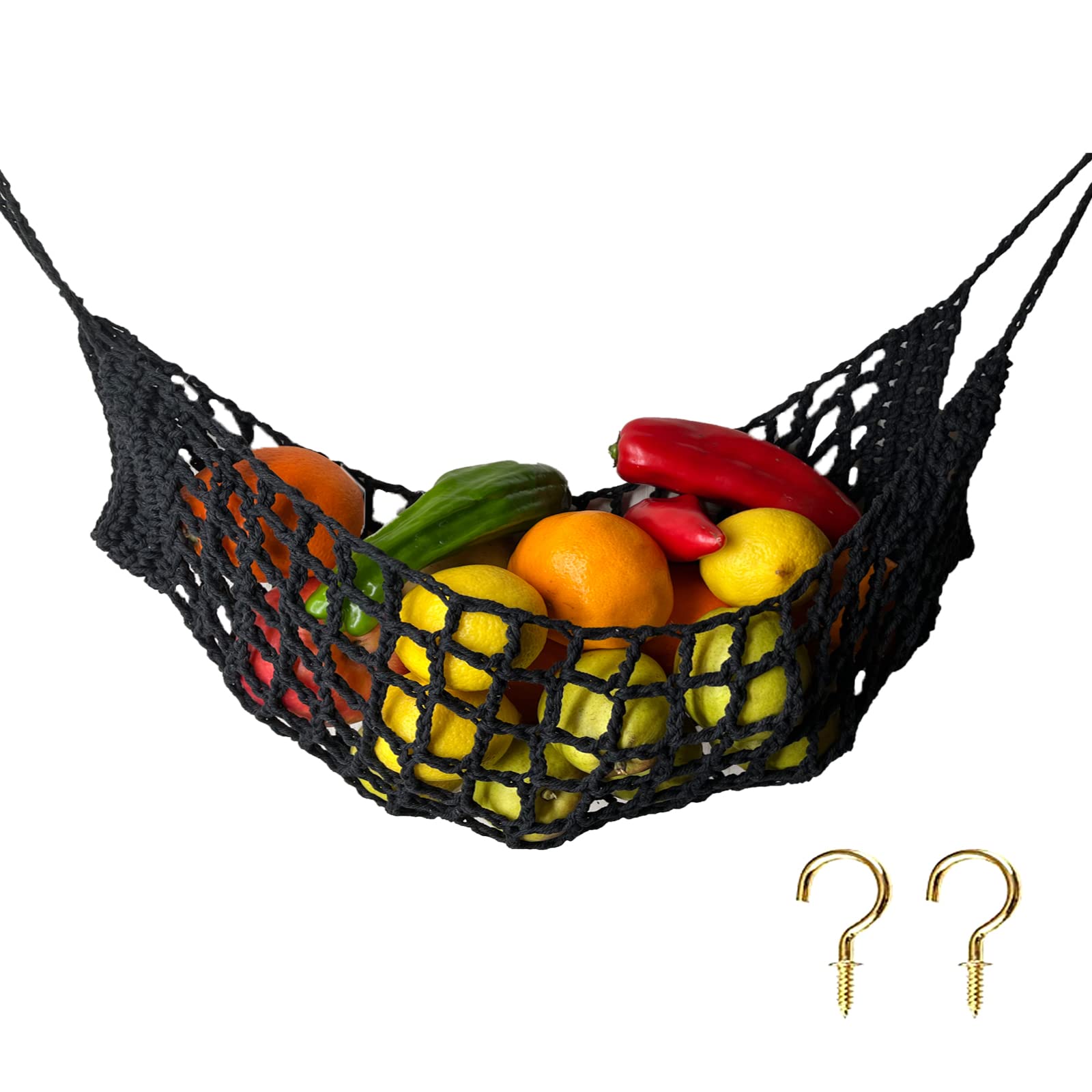 Large Macrame Fruit Hammock Under Cabinet - Space Saving Hanging Basket for Bananas, Vegetables & Fruits | Perfect for Kitchen, RV, Camper & Boat (Black) | Organize Countertops & Keep Produce Fresh