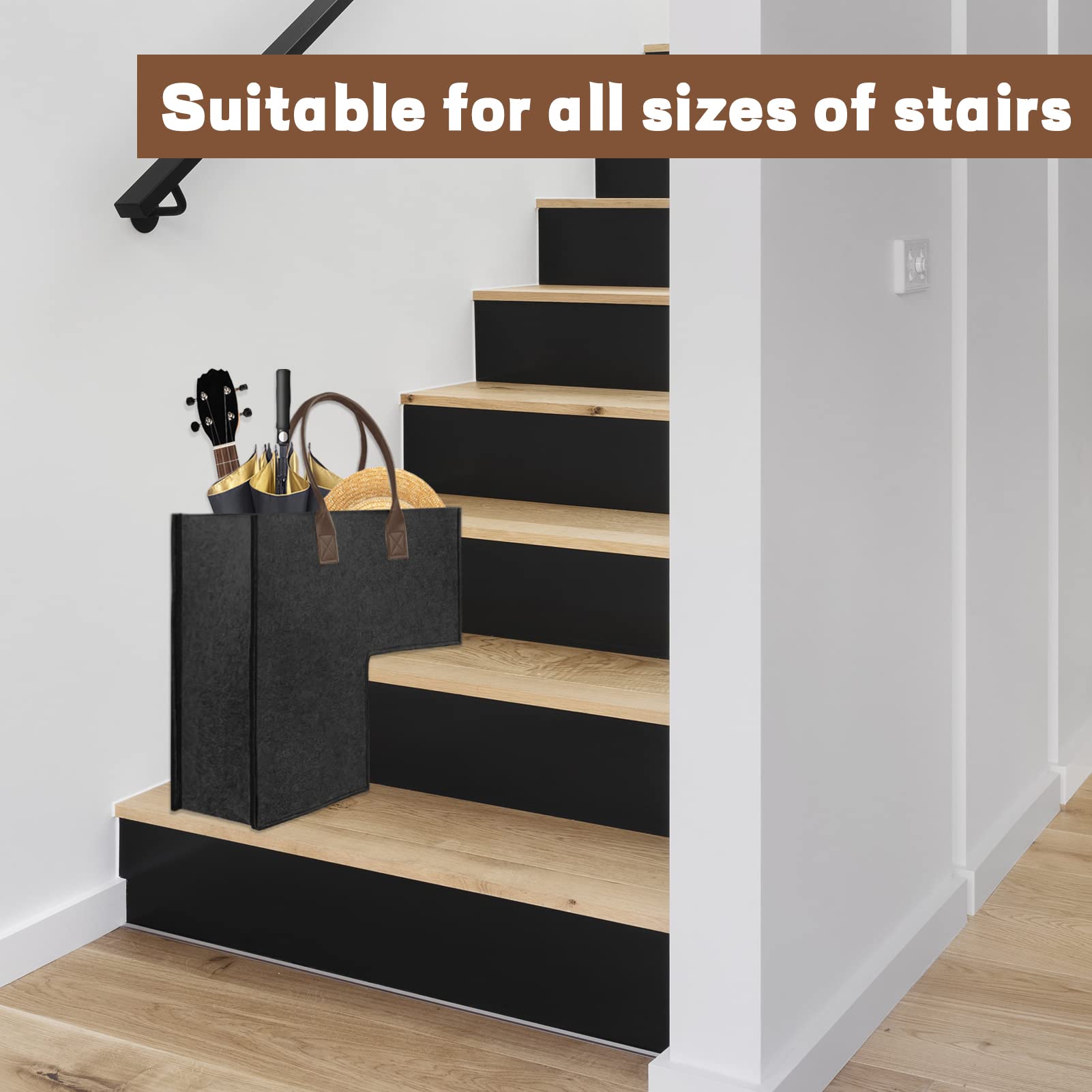 MODOWEY 2-Pack Foldable L-Shaped Stair Storage Baskets with Faux Leather Handles - Space-Saving Organizer for Laundry, Toys & Household Items - Perfect for Staircase, Closet & Bedroom Organization