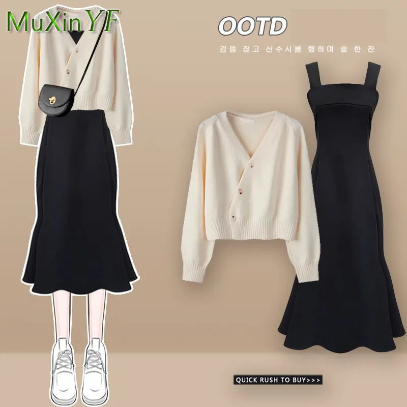 Korean Elegant Bow Cardigan & Sexy Fishtail Skirt Set - Autumn Winter Fashion Knitwear Two Piece Outfit for Women | Perfect for Date Nights, Office Wear & Holiday Parties
