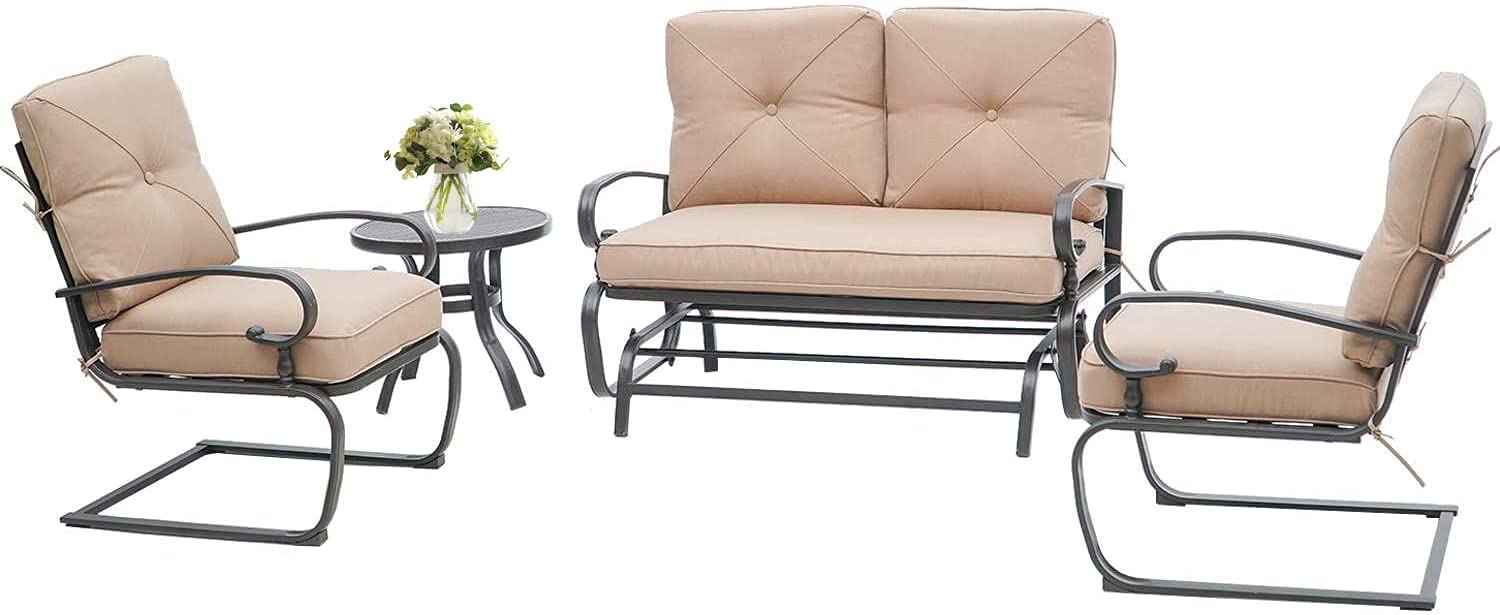 SOLAURA 4-Piece Outdoor Patio Furniture Set - Brown Glider Loveseat Swing & Spring Lounge Chairs with Side Table - Perfect for Garden, Deck, Balcony, Poolside & Backyard Relaxation
