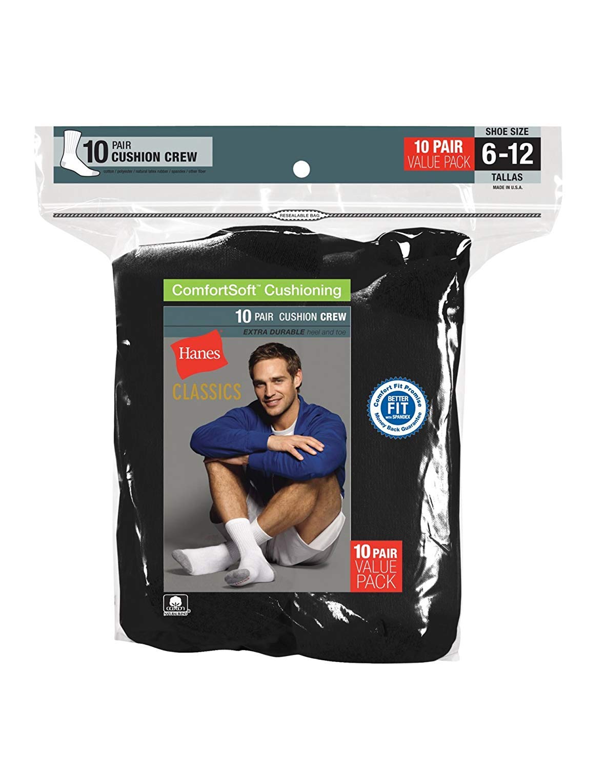 Hanes Men's Ultimate Crew Socks 6-Pack - Soft Comfortable Cotton Socks for Everyday Wear, Work & Sports - Breathable Cushioned Socks for Running, Hiking & Casual Outfits
