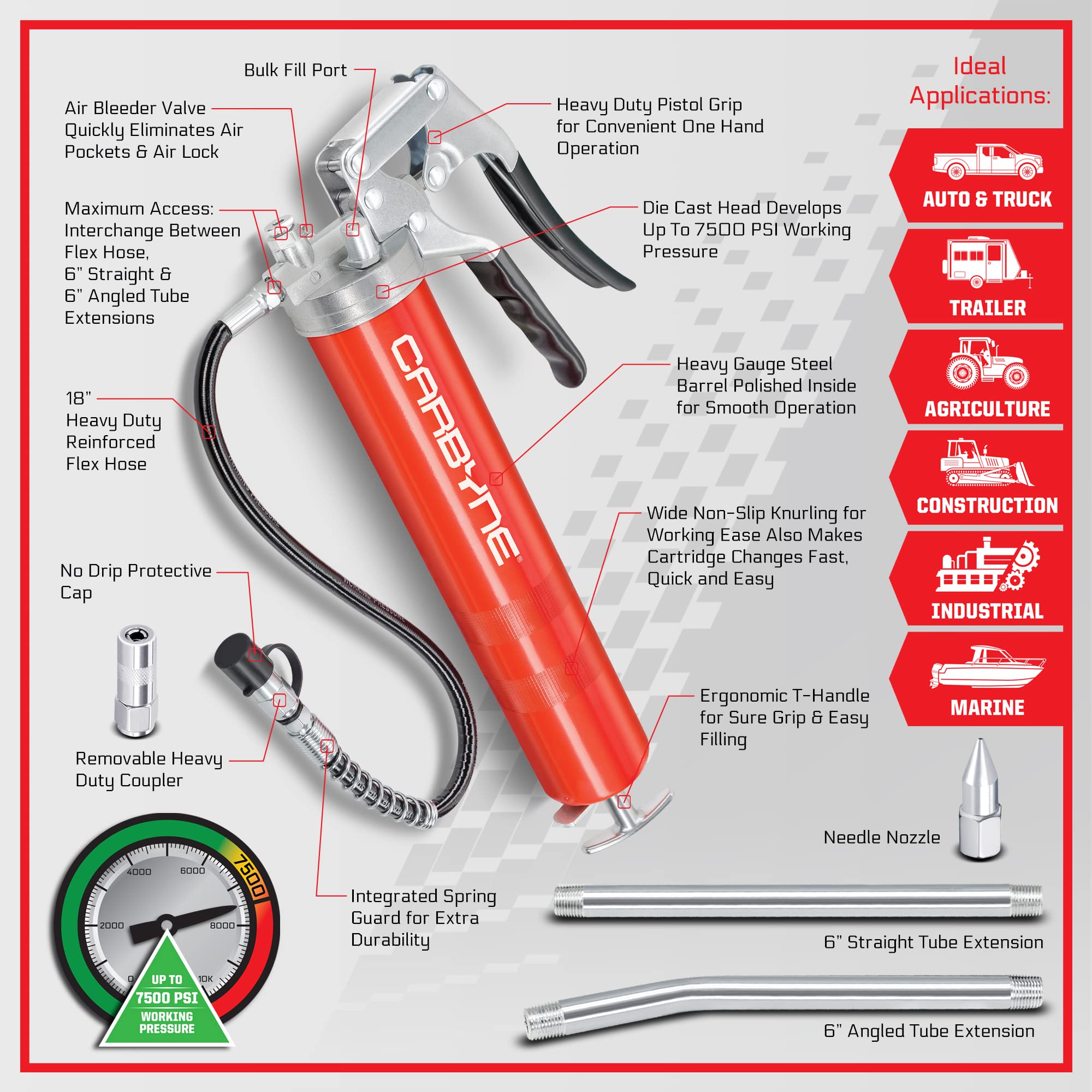 Premium Carbyne Pistol Grip Grease Gun with 12-Piece Accessory Kit - Heavy Duty Automotive & Industrial Lubrication Tool for Cars, Trucks, Farm Equipment & Machinery Maintenance