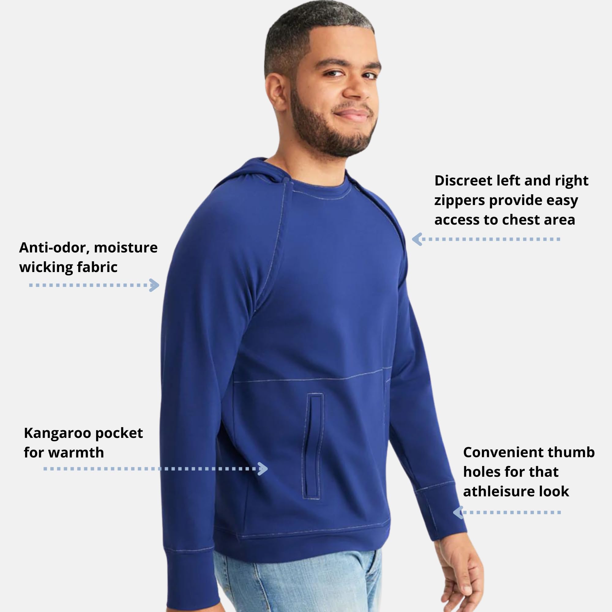 Care+Wear Men's Hoodies x Oscar de la Renta - Comfortable Port Access Sweatshirts for Medical Patients & Recovery | Post-Surgery Wear, Chemo Therapy & Hospital Visits