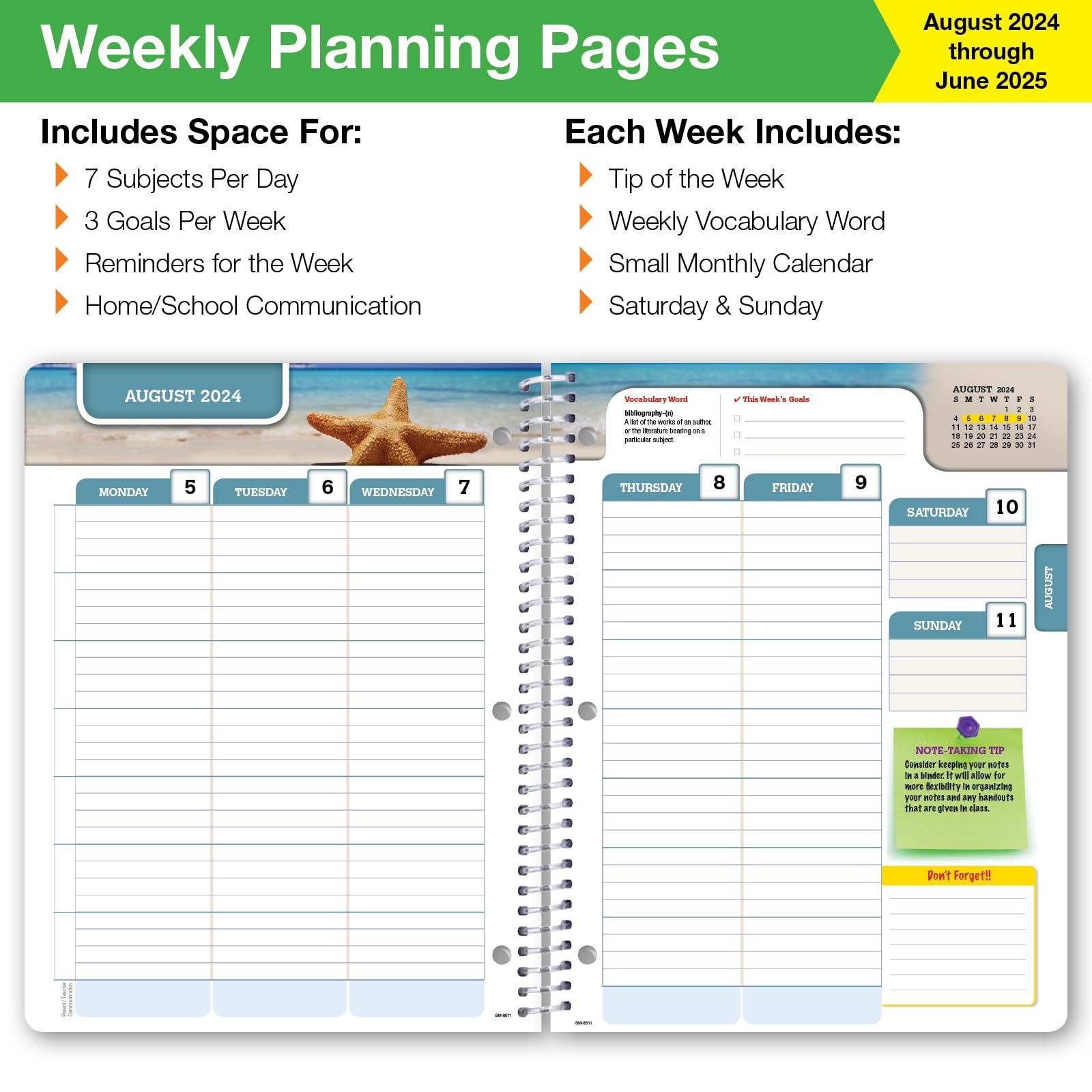 2024-2025 Academic Planner for Middle & High School Students - Dated School Organizer with Ruler, Bookmark & Stickers (8.5