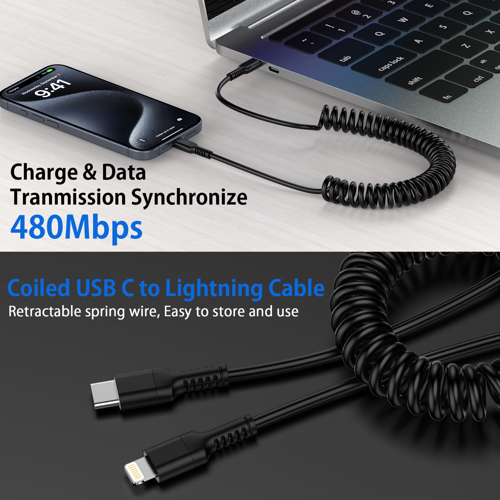 MFi Certified Coiled USB C to Lightning Cable - 3ft Short Retractable iPhone Car Charger for Apple CarPlay, Fast Charging & Data Sync Compatible with iPhone 14/13/12/11, iPad & iPod (Perfect for Cars, Travel & Home Use)