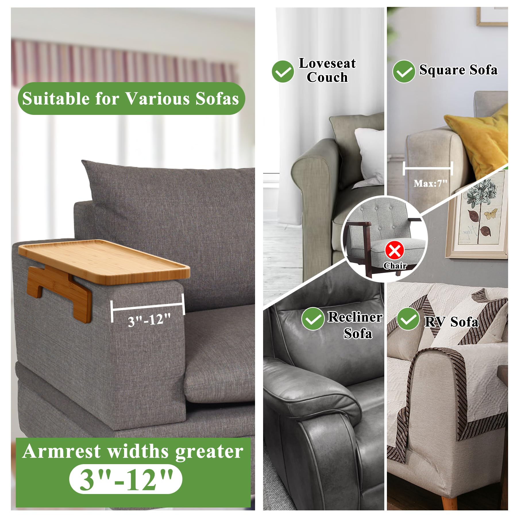 Bamboo Clip-On Couch Arm Tray Table - Portable Sofa Armrest Tray for Drinks, Food & Dining - Perfect for Small Spaces, Living Room, Bedroom & Home Theater Use