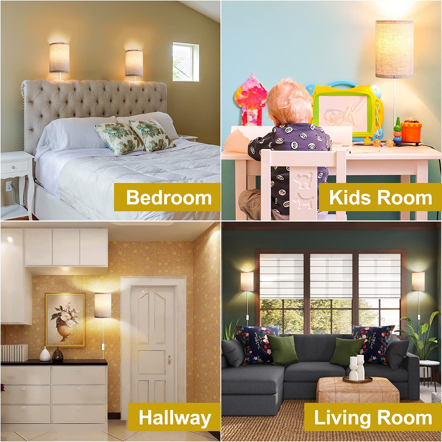 AVV Plug-in Wall Sconces Set of 2 - Dimmable LED Wall Lights for Bedroom & Living Room Decor - Fabric Linen Shades