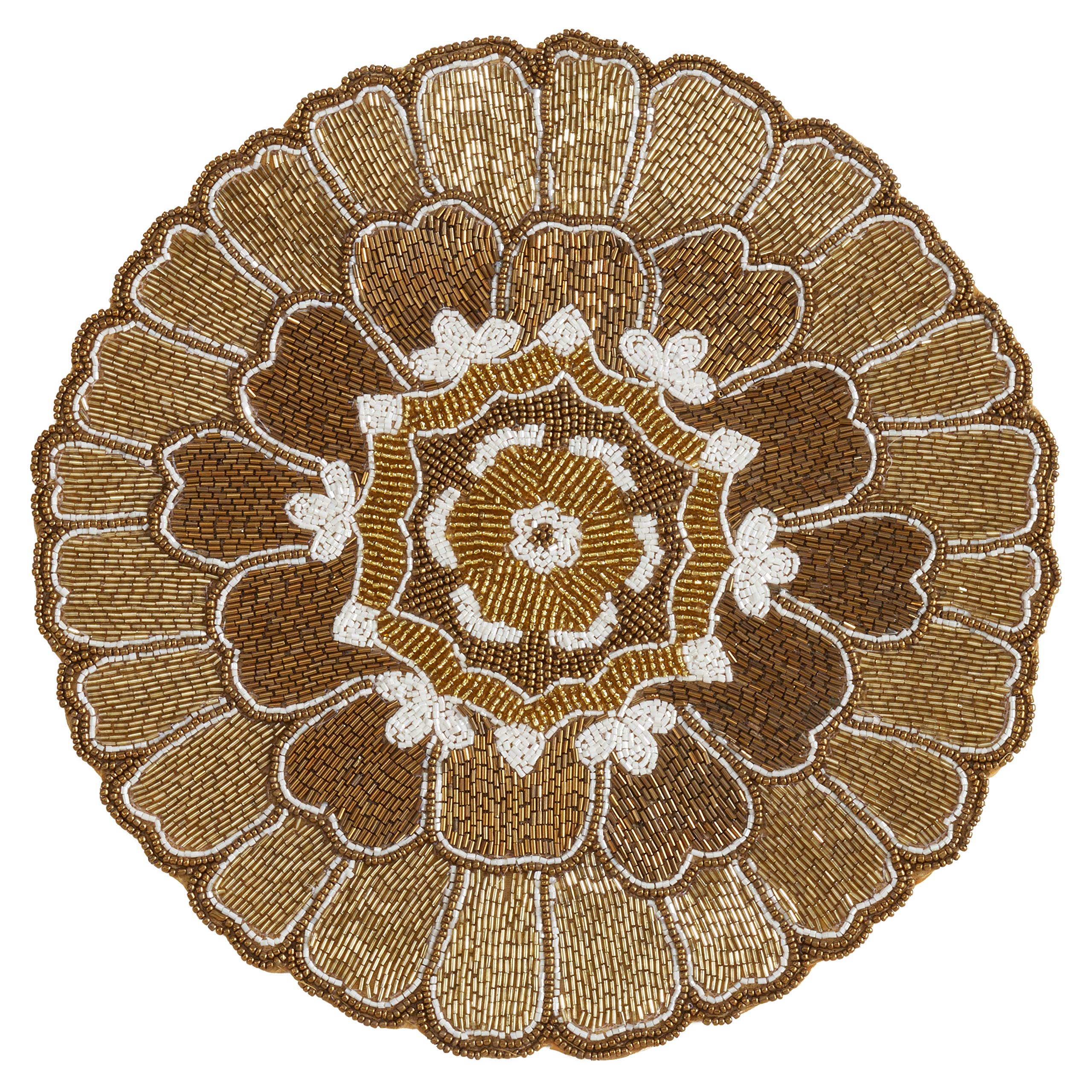 SARO LIFESTYLE Sophia Collection Floral Beaded Placemats Set of 4 - 14 Inch Round Gold Table Mats for Dining, Wedding, Party Decor & Home Table Setting