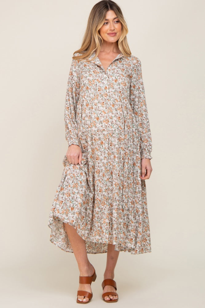 Beige Floral Button Front Long Sleeve Tiered Maternity Midi Dress for Pregnancy - Comfortable & Stylish Outfit for Baby Showers, Maternity Photos & Special Occasions