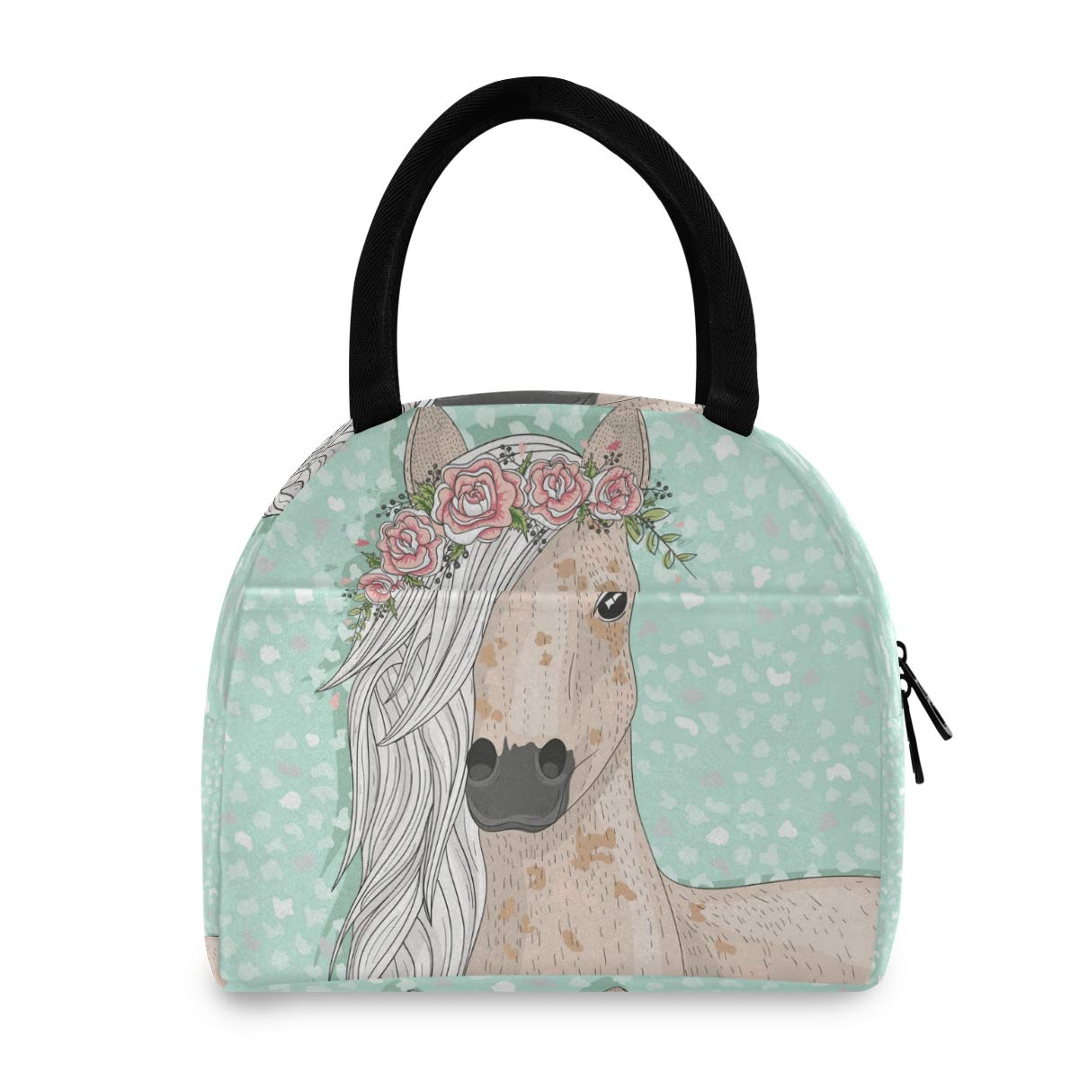 Insulated Lunch Bag for Women - Flower Horse Design Cooler Tote Bag for Work, School & Picnics | Leakproof & Thermal Insulation Lunch Box for Office, Travel & Outdoor Activities