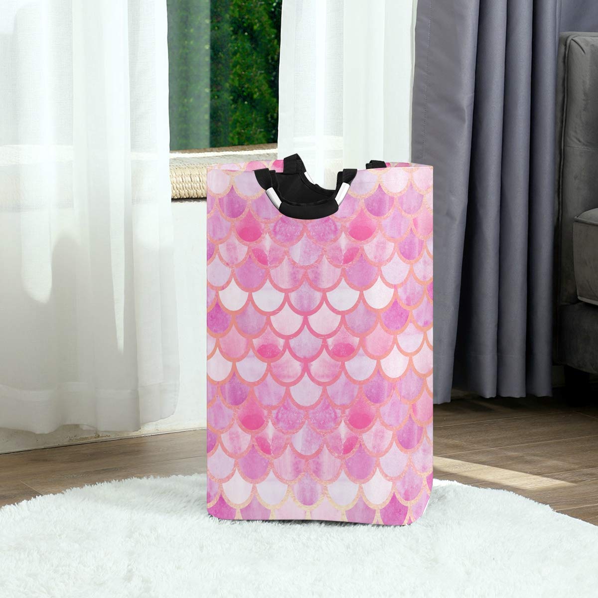 Blueangle Large Pink Mermaid Scales Laundry Basket - Collapsible Oxford Fabric Clothes Hamper with Handles, Foldable Storage Organizer for Bedroom, Bathroom, Laundry Room & Dorm