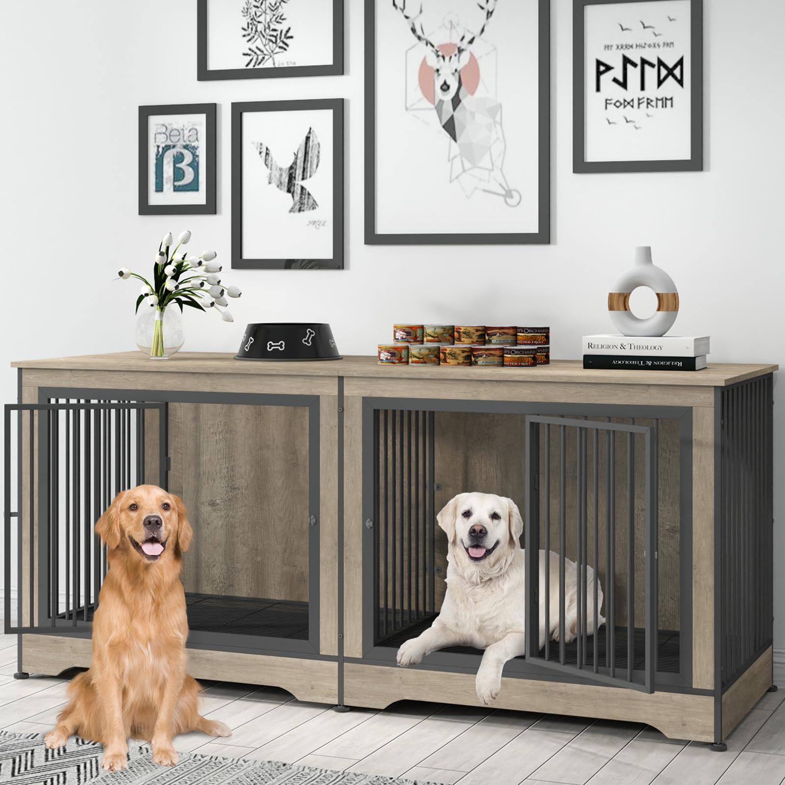 75 Inch Double Dog Crate Furniture for 2 Large Dogs with Removable Trays - 3-in-1 Grey Large Dog Kennel with Divider, TV Stand & Pet House - Perfect for Living Room, Bedroom or Home Office