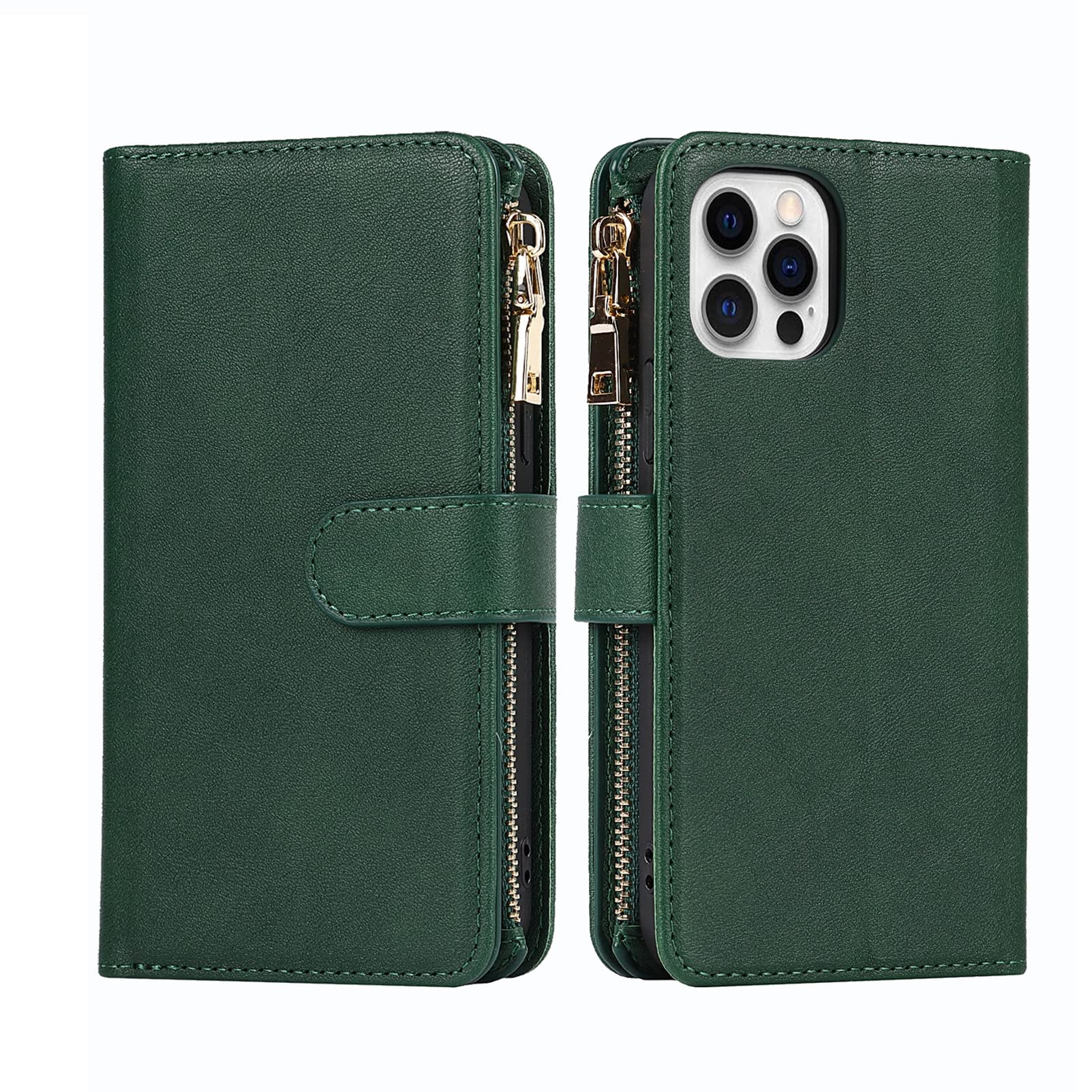 Jaorty iPhone 12 Pro Max Wallet Case (6.7 Inch) - PU Leather Phone Case with Card Holder, Zipper Pocket & Adjustable Crossbody Strap - Dark Green - Perfect for Women's Daily Use, Shopping & Travel