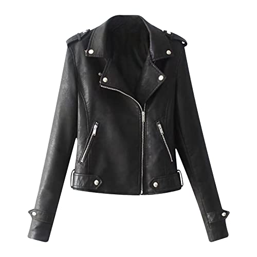 Women's Faux Leather Bomber Jacket - Slim Fit Long Sleeve Moto Jacket with Lapel & Oblique Zipper Pockets | Fashionable Outerwear for Casual Wear, Night Out & Street Style