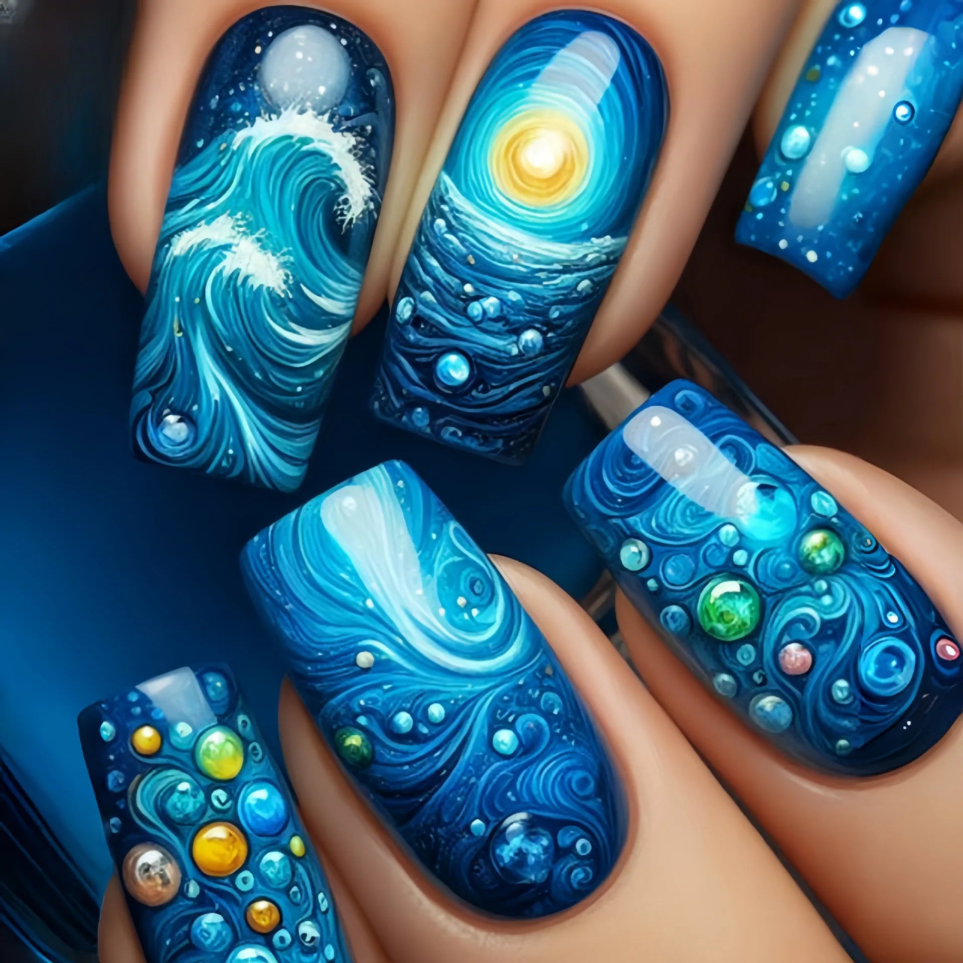 24Pcs Long Blue Fake Press on Nails with Jelly Glue - Full Cover Acrylic Nails in Ocean Sunrise Design - Detachable Fashion Manicure for Women - Perfect for Parties, Weddings & Daily Wear
