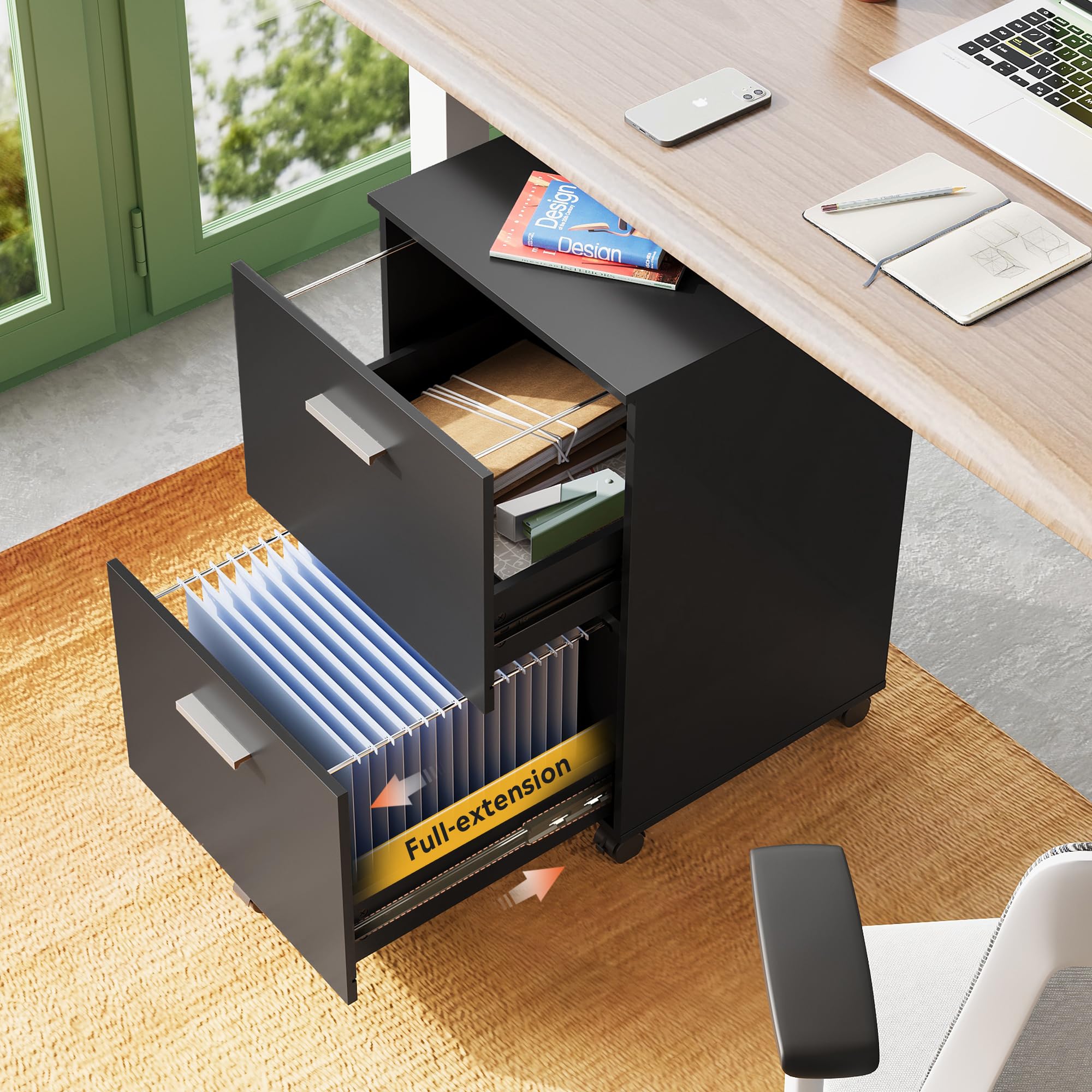 DEVAISE 2-Drawer File Cabinet - Small Rolling Filing Cabinet for Home Office, Organizes A4 & Letter Size Hanging Files, Wooden Under Desk Storage (Black) - Perfect for Home Office Organization & Small Space Storage Solutions