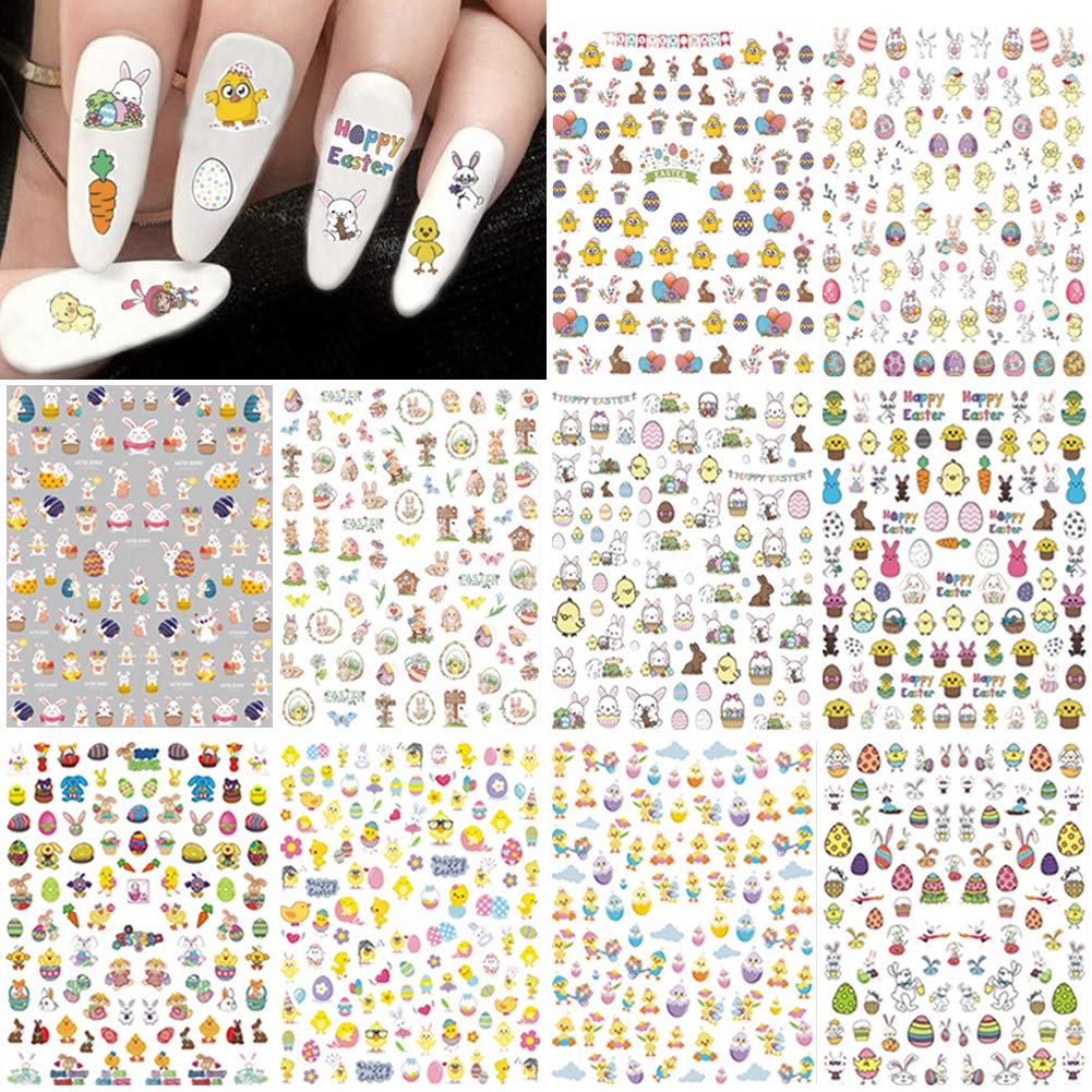 10 Sheets Easter Nail Art Stickers - Bunny, Easter Egg & Chick 3D Self-Adhesive Nail Decals for Women, Girls | Easter Nail Decorations & Manicure Supplies | Perfect for Easter Parties, Spring Nail Art & DIY Nail Designs