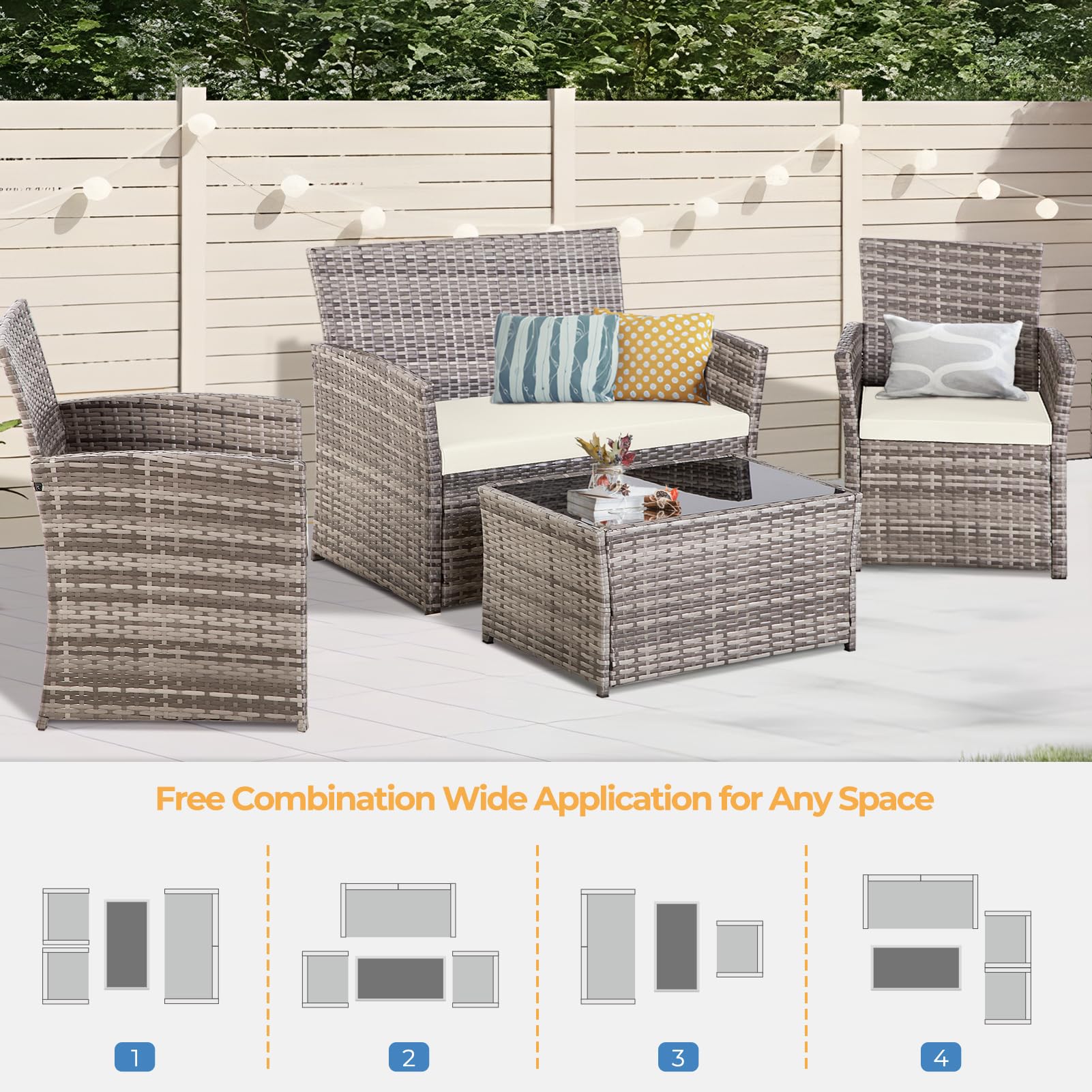 4-Piece Outdoor Patio Furniture Set - All-Weather Wicker Rattan Conversation Set with Table, Chairs & Loveseat Cushions for Balcony, Porch, Backyard (Gray-Beige) | Perfect for Garden Relaxation & Outdoor Entertaining
