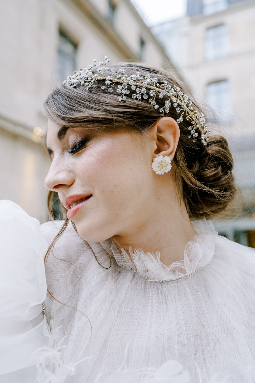 CHARLOTTE Mother of Pearl & Simulated Diamond Floral Wedding Earrings for Bride - Perfect for Bridal Showers, Weddings and Special Occasions