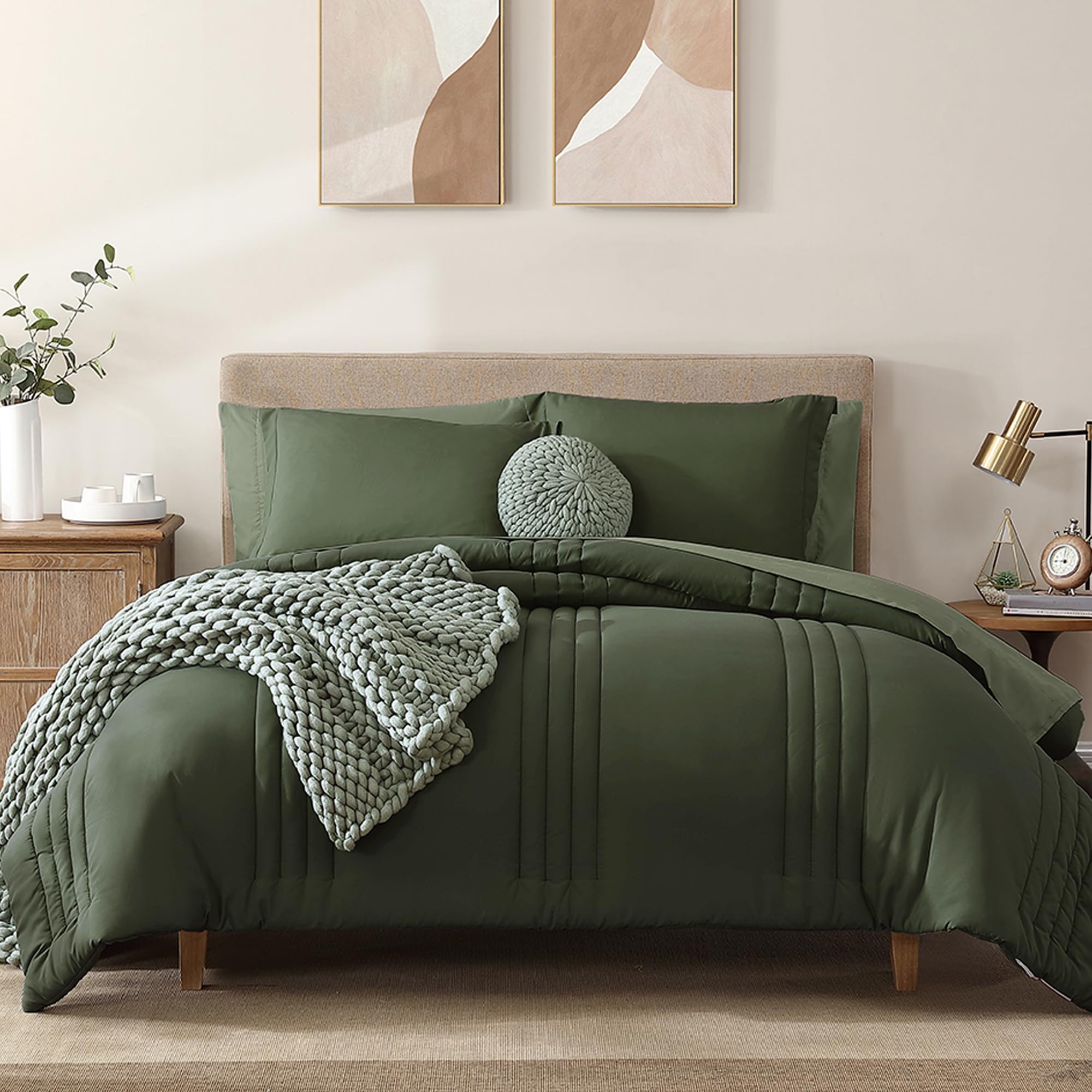 Monbix King Size Comforter Set - 7 Piece All Seasons Bed in a Bag | Olive Green Down Alternative Bedding with Comforter, Sheets, Pillowcases & Shams | Perfect for Master Bedroom, Guest Room & Dorm Decor